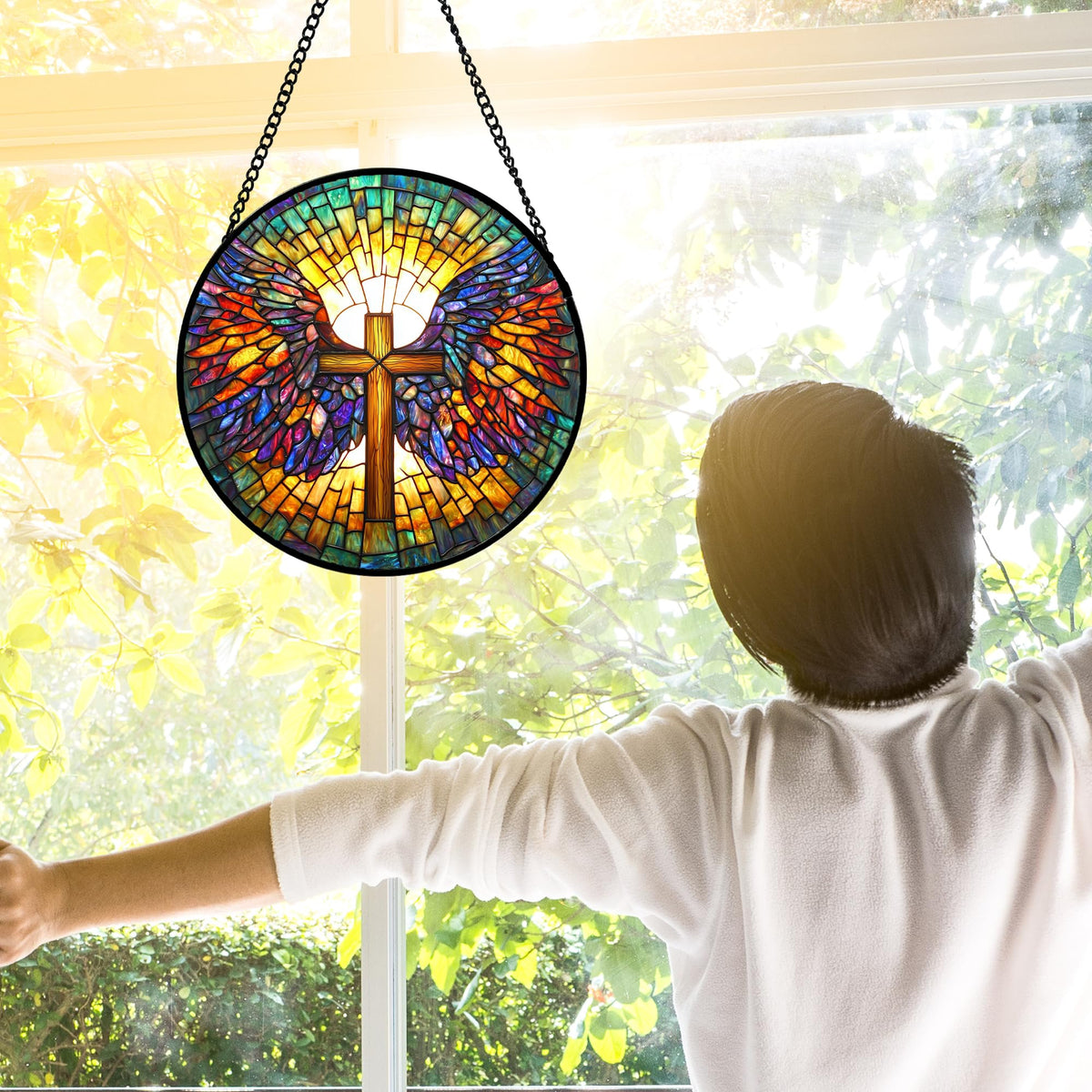 DASTOLL Stained Glass Window Hanging - Jesus Cross Wings Suncatcher Ready to Hang Window Doors Home Decoration and Christmas, Mother's Day Birthday Gifts for Women, Men, and Mom 7.8x7.8 in