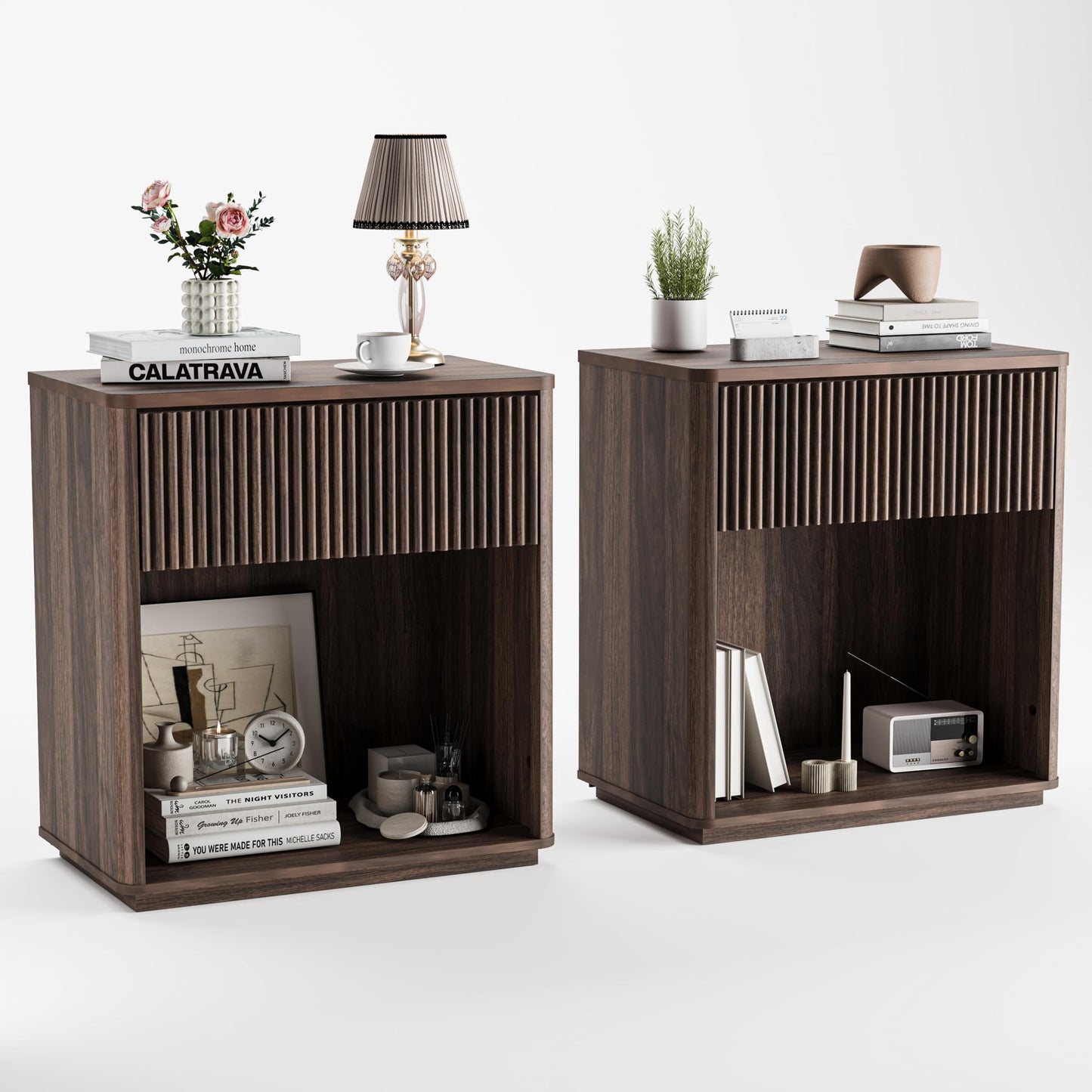 Cychuily Modern Fluted Nightstand Set of 2 for Bedroom, Mid Century Bedside Table with Drawer & Open Shelf, Wood End Table, Farmhouse Night Stand for Home, Hallway, Office, Walnut
