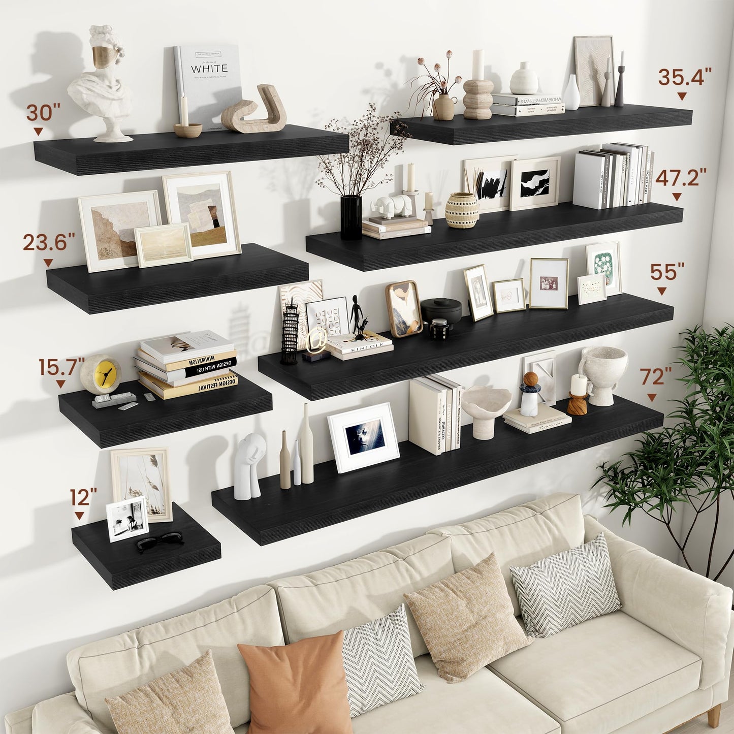 Vivelove 12" Deep Floating Shelves for Wall 36 Inches Long, 2 in Thick Wall Shelves, Shelf for Bedroom, Bathroom, Living Room, Kitchen, Office, Modern Home Decor, 36" X 12" X 2", Set of 2, Black