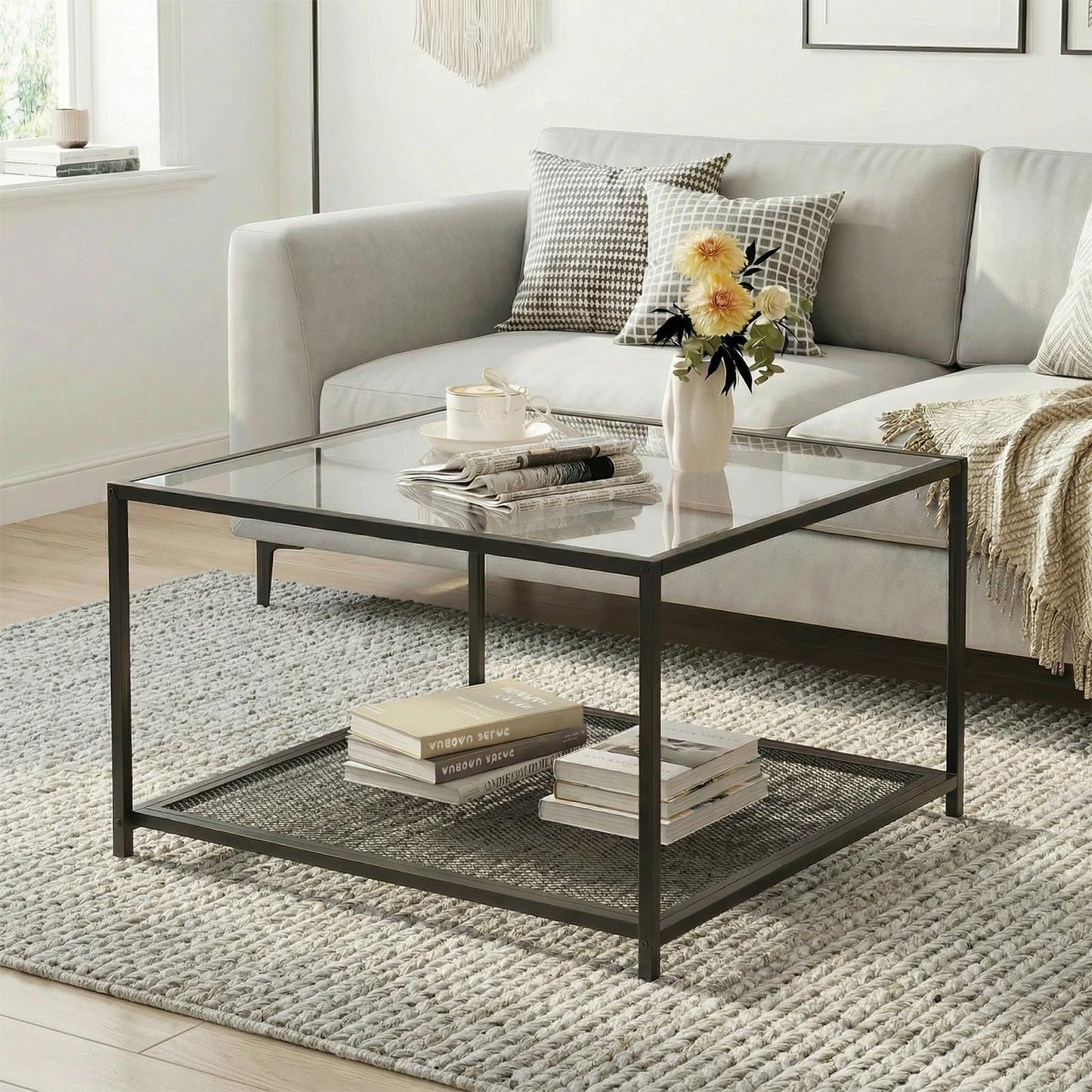 Black Glass Coffee Table, Square Coffee Tables with Storage Shelf, Simple Tea Cocktail Modern Center Tables for Small Space, Living Room, Easy Assembly, 26 * 26in（Black）