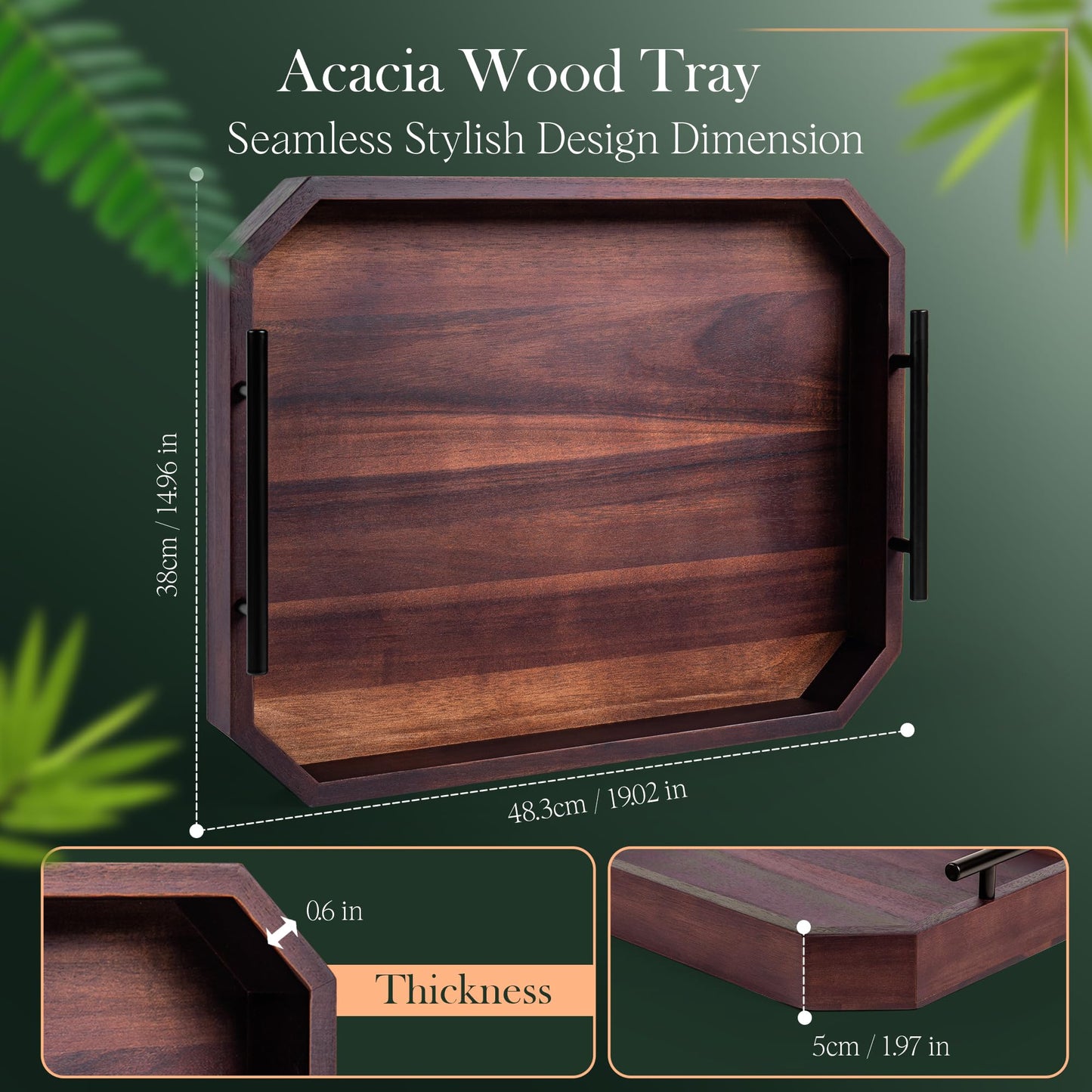 Hauzlen Large Square Ottoman Tray with Built-in Handles – Accacia Wood Serving Tray for Living Room, Coffee Table, Dinning, Kitchen, Patio, Party | Rustic Decorative Storage Tray | 19" x 15" x 2"