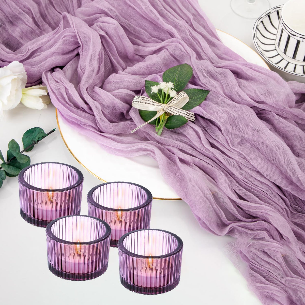 2 Pcs Tealight Candle Holder,Votive Candle Holders Glass Candle Holders Tea Lights Candle Holder for Table Centerpiece Decor Party&Home,Wedding Deco (Purple)