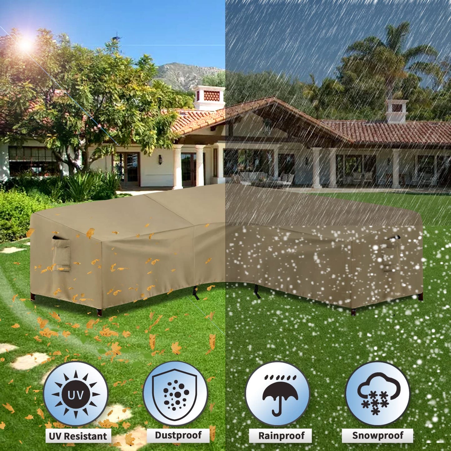 PureFit Outdoor Sectional Sofa Cover Waterproof V Shaped Patio Furniture Covers for Deck, Lawn and Backyard, 89”x89”, Camel