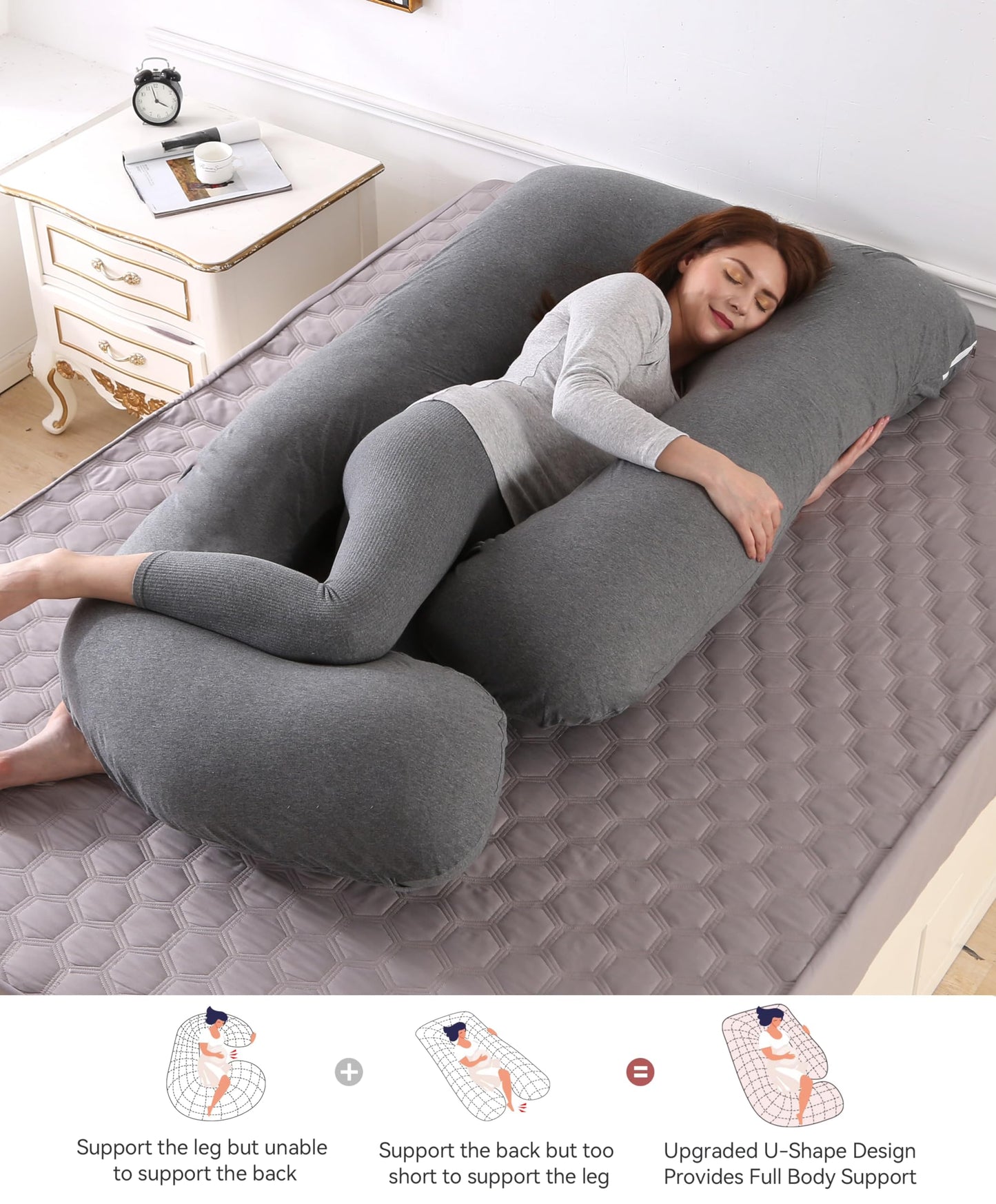 BATTOP Pregnancy Pillow for Sleeping, Full Body Pillow for Pregnancy Women with Removable Cover, 57 Inch Maternity Pillow, Support for Back, Legs, Belly, Hips（Black Drey）