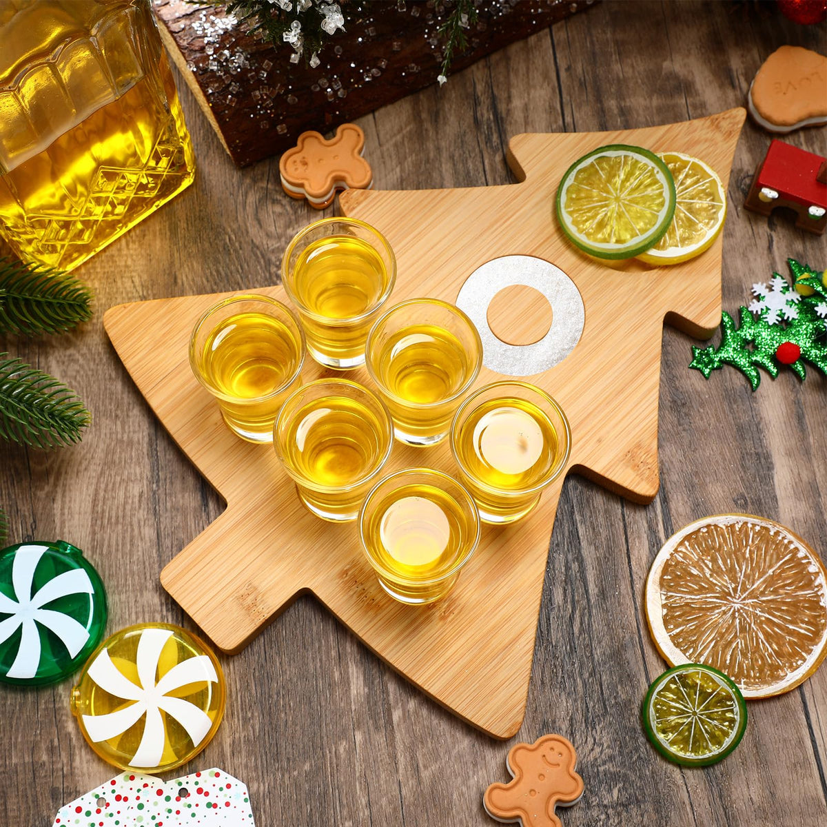 Funnymoom Christmas Tree Mexican Tequila Shot Board with Glasses Set Christmas Wooden Serving Tray with 6 Shot Glasses and Salt Lemon Rim Mexican Tequila Gifts for Xmas Holiday Liquor Party