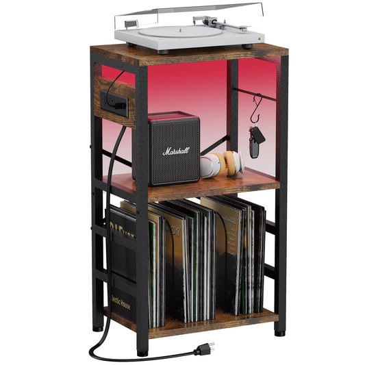 YAKANJ End Table with LED Light,Record Player Stand with Charging Station,Vinyl Records Storage,Turntable Stand Albums Storage for Music Room Studio-Modern Brown
