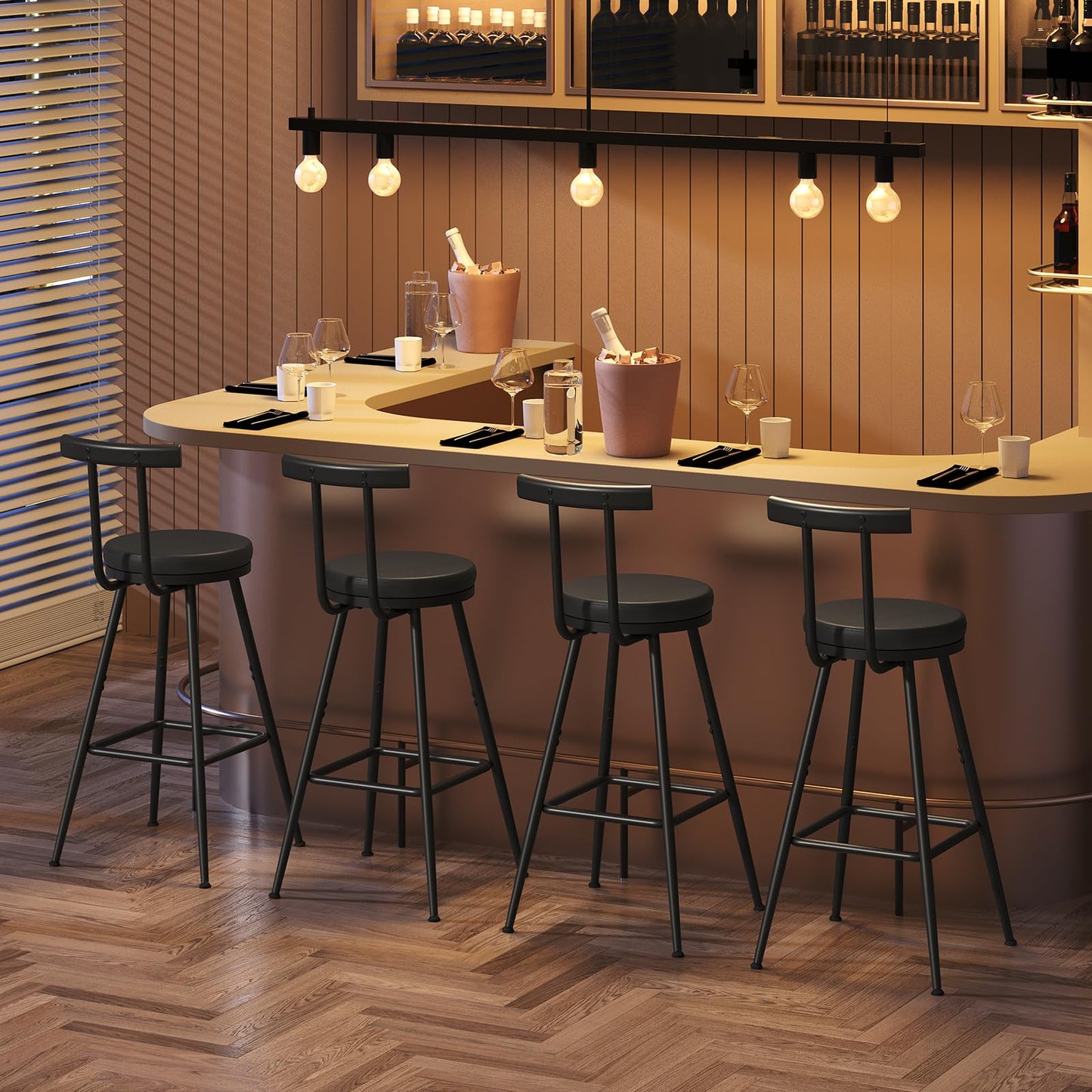 MAHANCRIS Bar Stools, Set of 2 PU Upholstered Bar Stools, Bar Chairs with Backrest and Footrest, Kitchen Stools with Adjustable Feet, Comfort PU Seat for Home Bar, Kitchen Island, Black BABK60R01