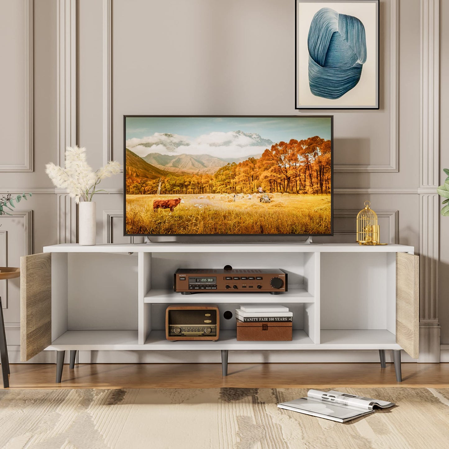 JUMMICO TV Stand for 65 Inch TV, Mid Century Modern TV Stand, Entertainment Center with Storage Cabinet and Open Shelves, TV Console Table Media Cabinet for Living Room, and Bedroom (Oak)