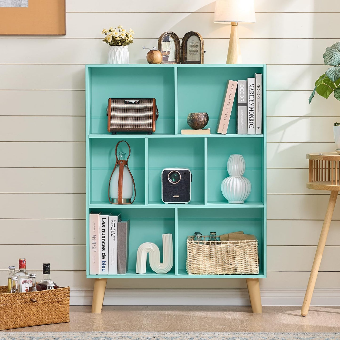 LEYAOYAO 7 Cube Bookshelf 3-Tier Bookcase with Legs, Mint-Green Kids Book Shelf Cute Storage Organizer, Toy Shelves Bookshelves,Wood Display Bookcases