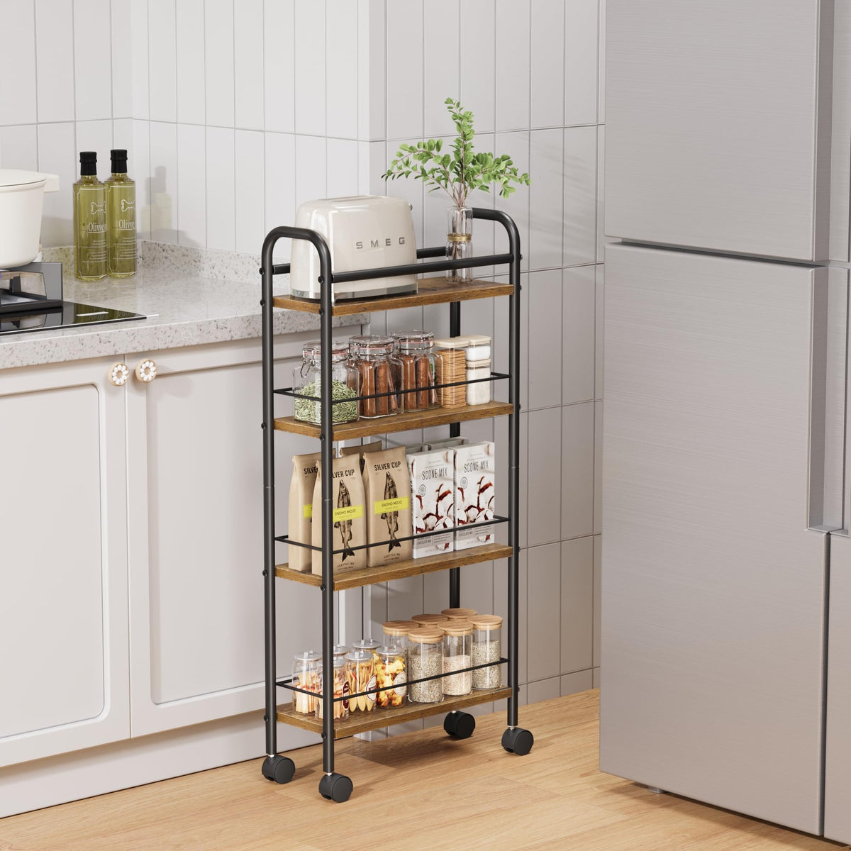 Asgolion Slim Storage Cart, 4-Tier Small Rolling Cart with Wheels, 5.9" Deep, Narrow Bathroom Shelf Trolley for Kitchen, Bathroom, Laundry Room, Rustic Brown Standard 4-Tier (5.9" W x 33.6" H)