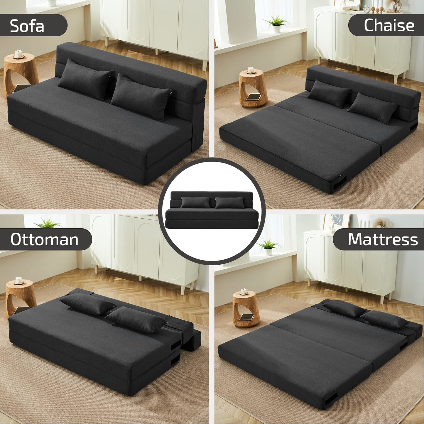 SUYOLS Folding Sofa Bed with Pillows- Convertible Chair Floor Couch & Sleeping Mattress, Foldable Memory Foam Sleeper for Living Room/Dorm/Guest Room/Home Office/Apartment/Loft, Queen, Dark Gray