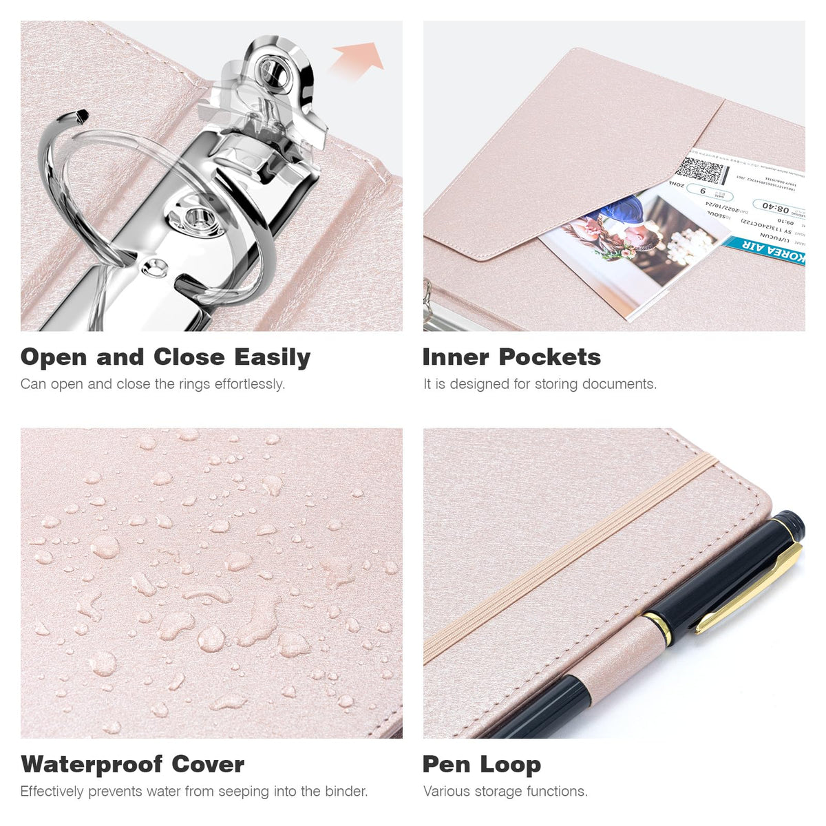 Ospelelf 3 Ring Binder with Clipboard, 1 Inch Leather, Letter Size (8.5" x 11"), Clipboard Binder with 5 Tab Dividers, Rose Gold