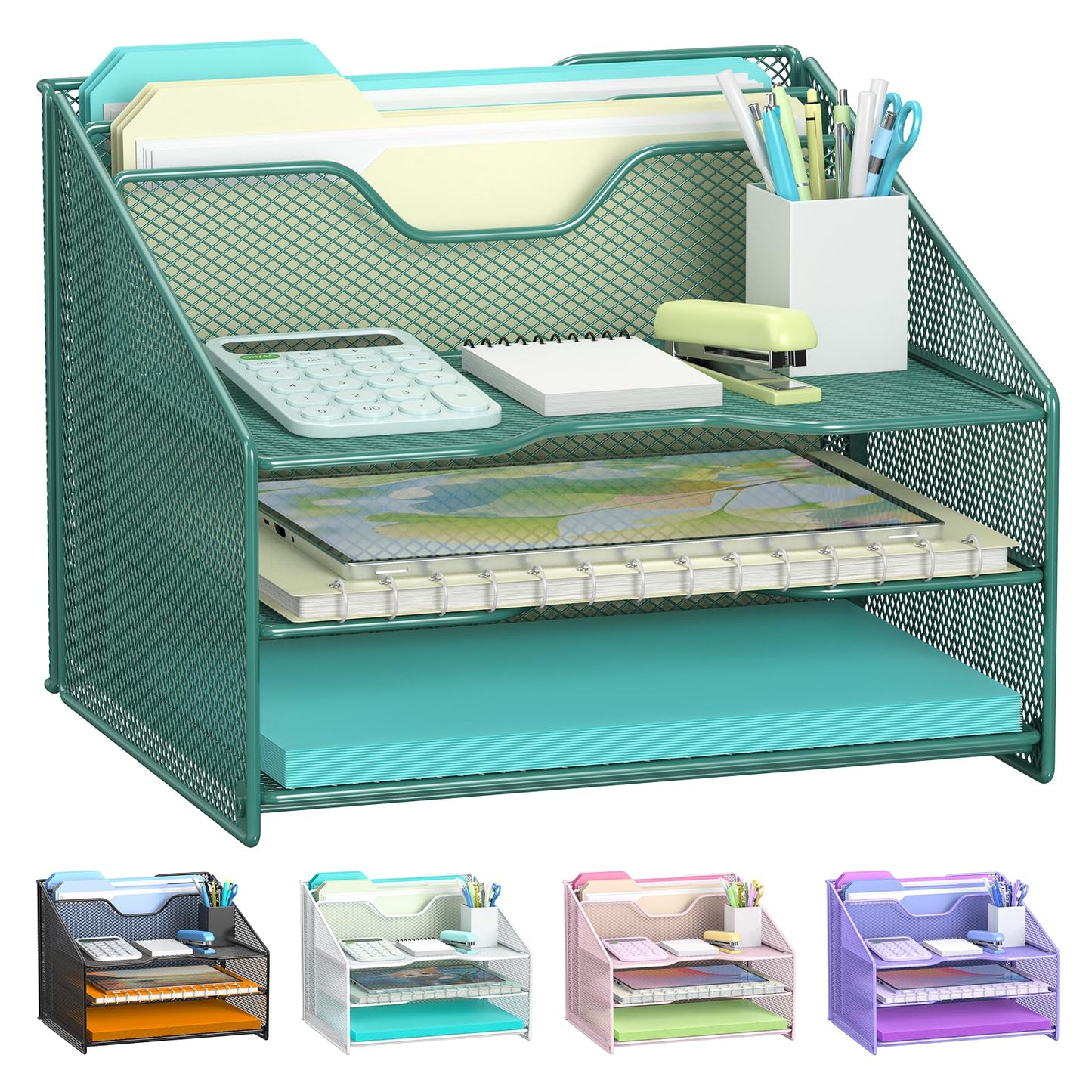 Samstar Green Desk File Organizer, Mesh Letter File Folder Holder with 3 Paper Trays and 2 Vertical Upright Section, for Office Supplies, Desk Accessories & Workspace, Green