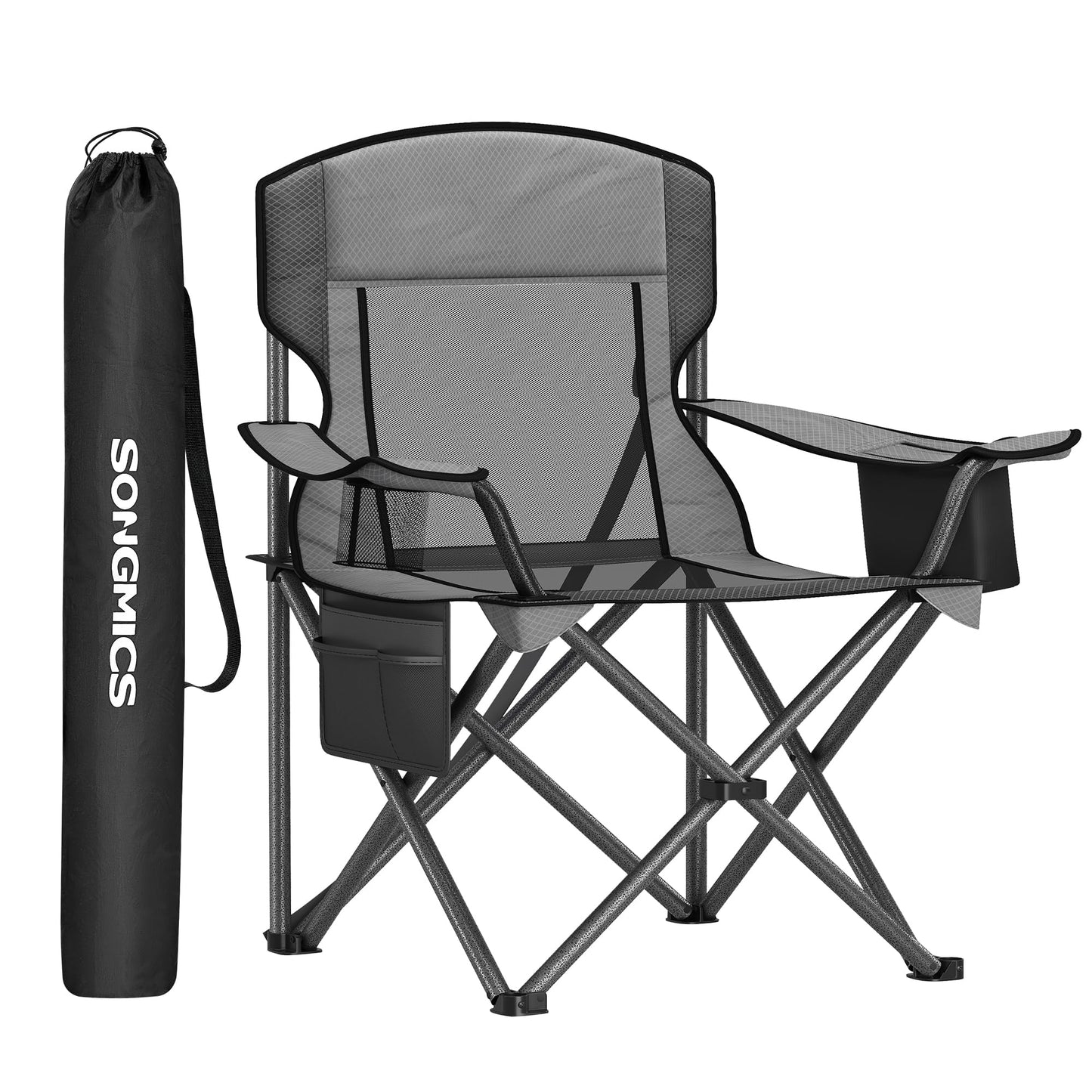 SONGMICS Camping Chair, Folding Oversized Chair, Comfortable and Heavy-Duty, 352 lb Weight Capacity, Adjustable Armrests with Cooler Bag, Storage Bag, Breathable Mesh, Slate Gray UGCB060G01