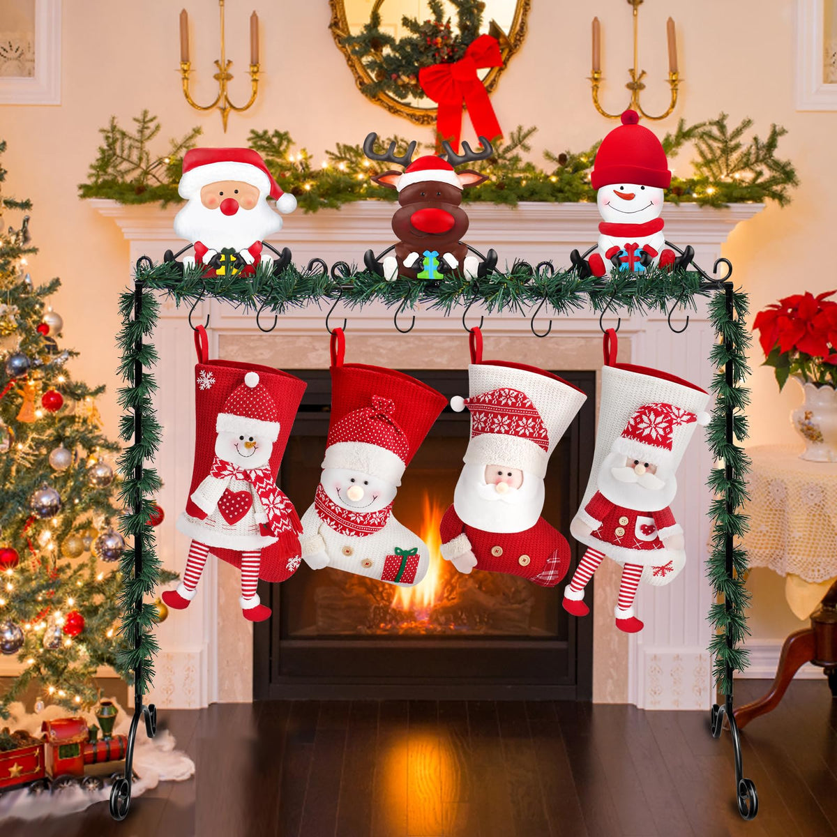 Mukum Christmas Stocking Holder Stand Hangers with 8 Hooks Metal Stocking Holder Freestanding for Floor Christmas Stocking Holders Christmas Decorations