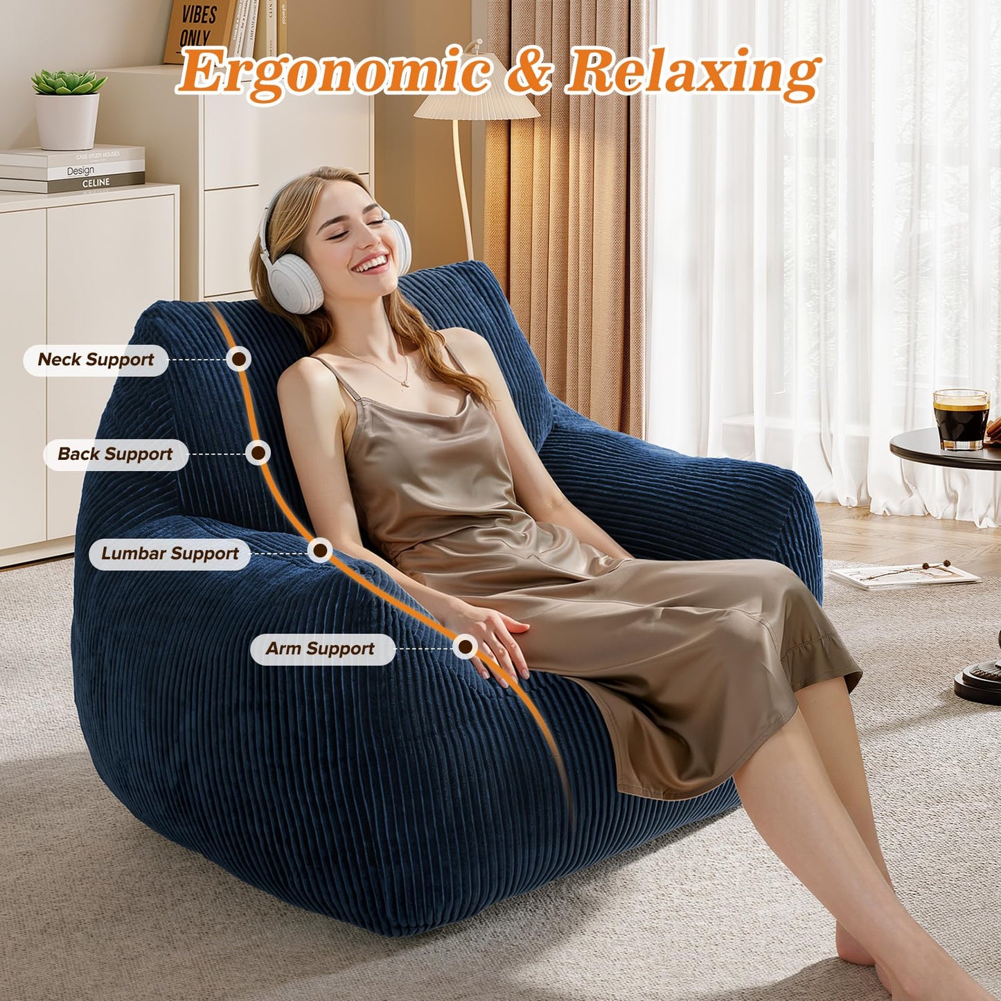 Vellorise Big Bean Bag Chair for Adults, Ultra Soft Living Room Bean Bag with Armrests, Stuffed BeanBag Chair for Napping, Gaming, Vacuum-Compressed for Easy Gifting, 48 Hours to Fluffs Up, Navy Blue