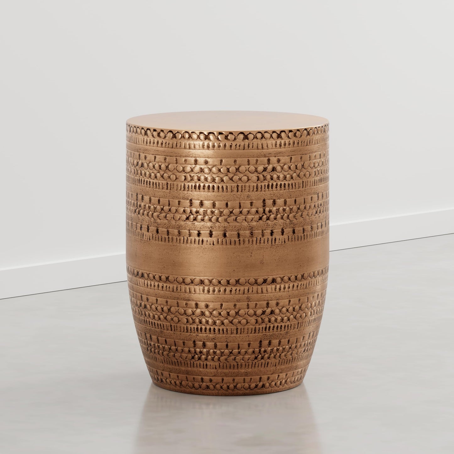 SIMPLIHOME Johnsen Metal Table - 15" Wide x 20" High Solid Iron Drum Accent Table in Burnished Copper with Tribal Pattern, Round Boho End Table for Living Room or Home Office, Fully Assembled