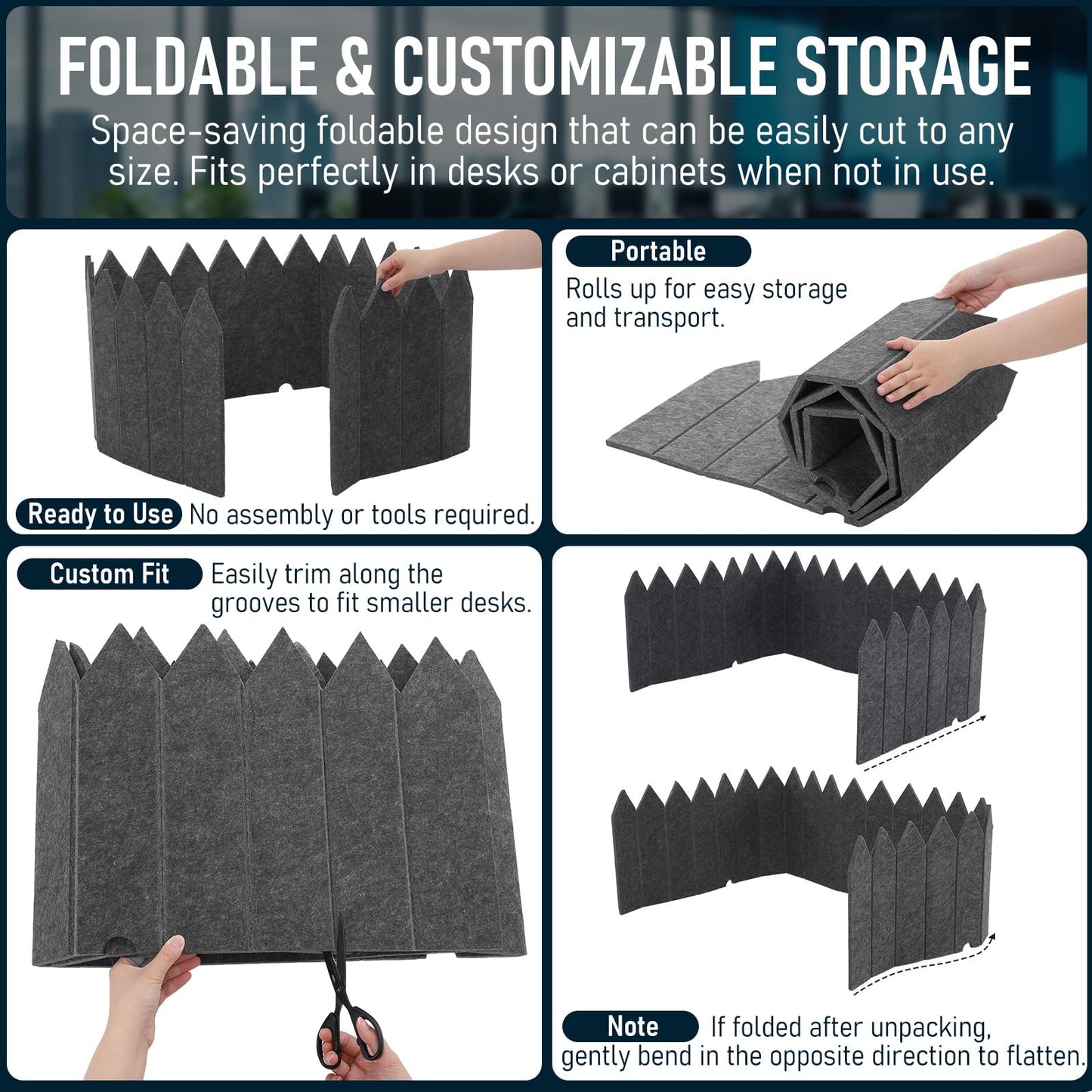 Dunzoom Acoustic Felt Desk Divider, 86 x 16.5 Inch Foldable Privacy Screen Panel Table Partition with Decorative Clips, Fence Design Tackable Cubicle Panel for Office Home Classroom