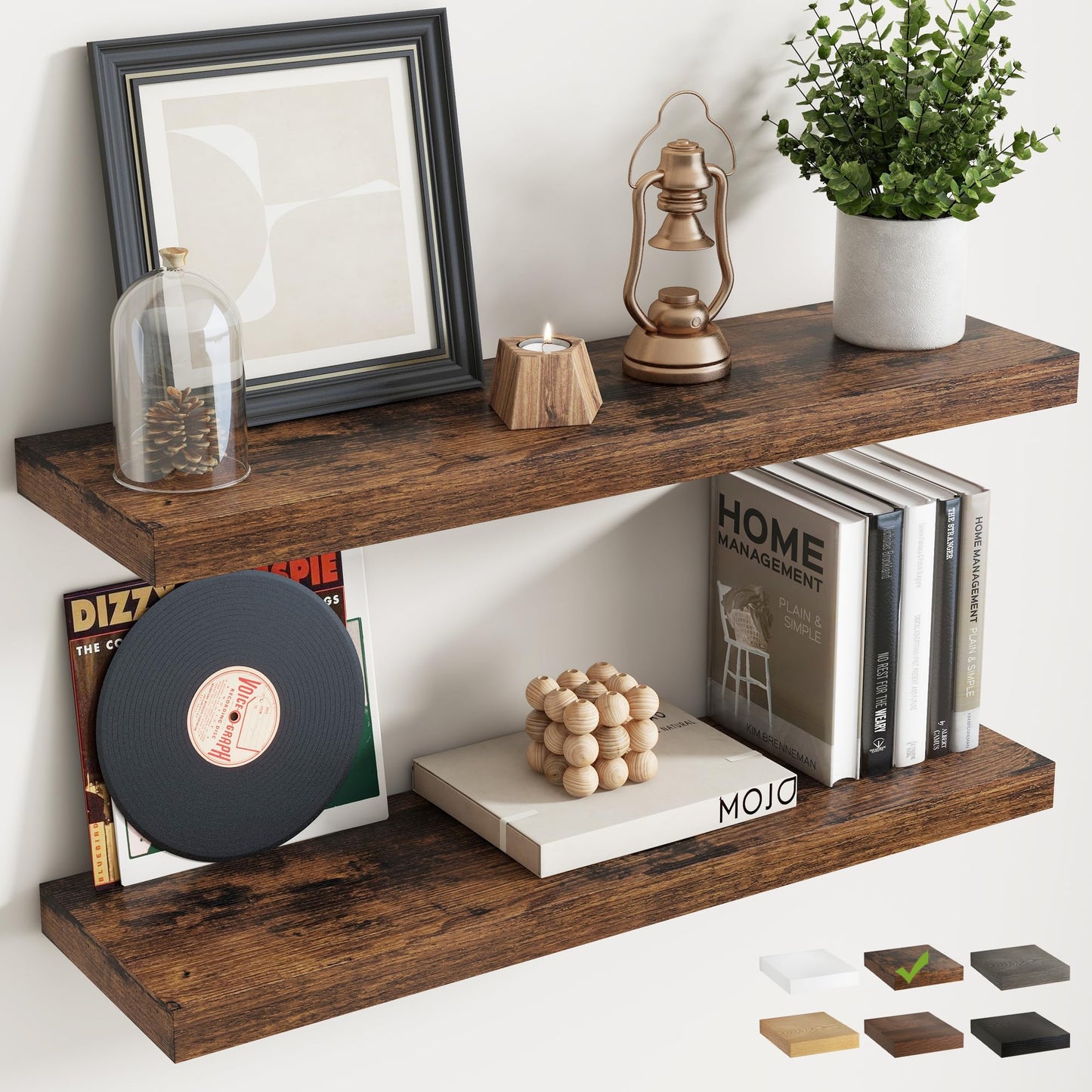 32 Inch Floating Shelves for Wall Set of 2, 8"D Wood Grain Bathroom Shelves with Invisible Brackets, Easy Install Engineered Wood Storage Shelves for Kitchen, Living Room, Bedroom, Rustic Brown Finish