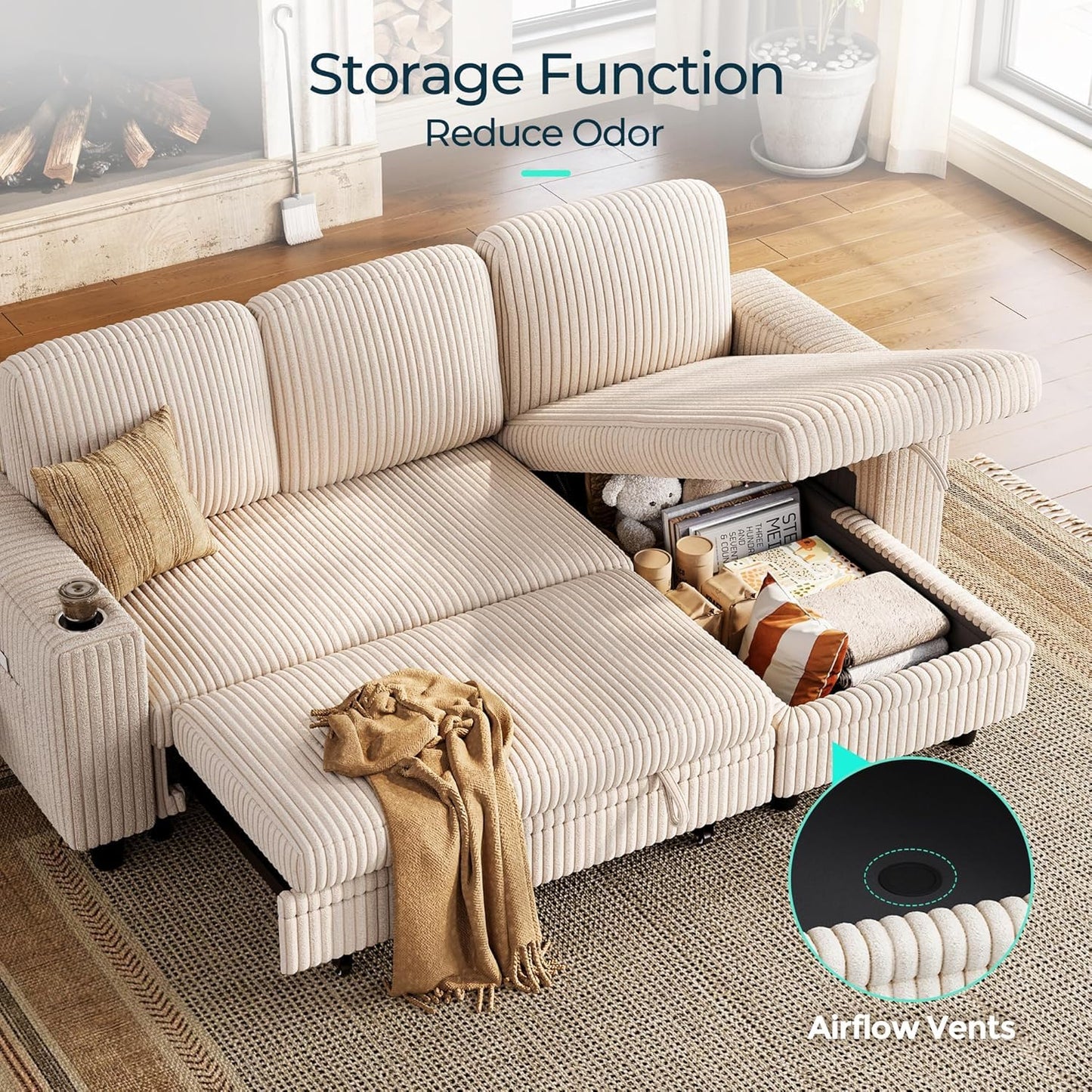 LINSY HOME Sectional Sleeper Sofa Pull Out Couches for Living Room (Beige, Sleeper Sofa 1) | Pull Out Sofa Bed, Storage, USB Charging, Cup Holders, Plush Corduroy