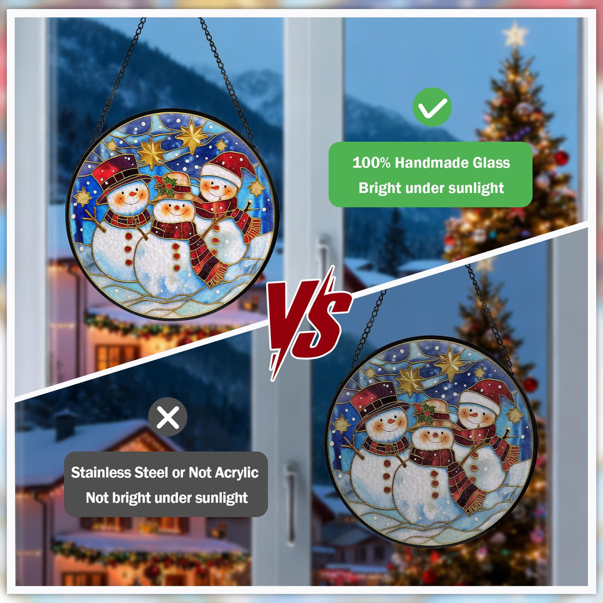 Christmas Decorations Stained Glass Window Hanging, Snowman Suncatcher for Window Hanging, Sun Catchers Indoor Windows Wall Art for Mom Grandma, Christmas Decor or Home Garden Office 7.87 inches