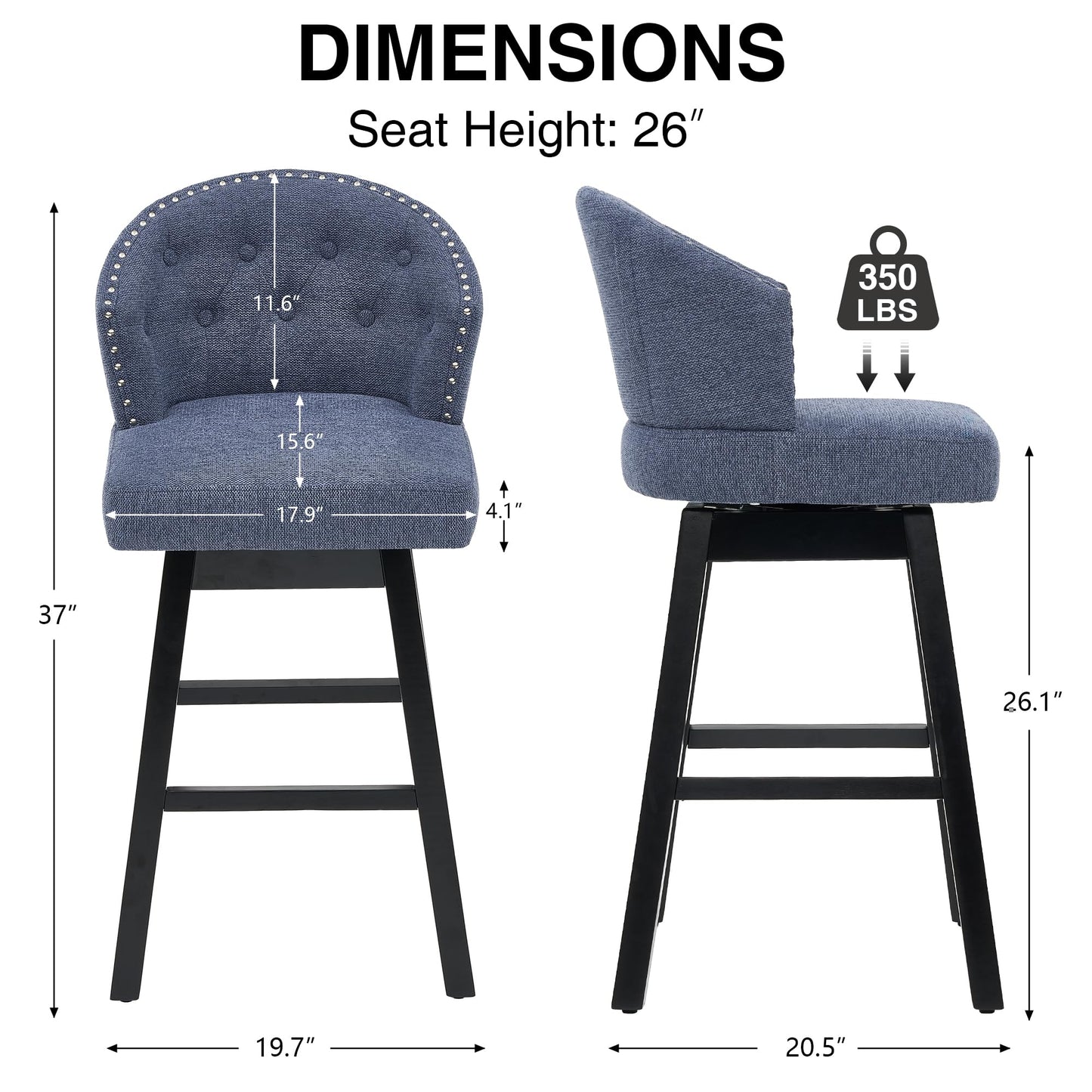 UDAX 26''Swivel Bar Stools Set of 2, Upholstered Barstools with Backs, Modern Counter Height Bar Stool Chairs for Kitchen Island, Wood Legs, Counter Stools