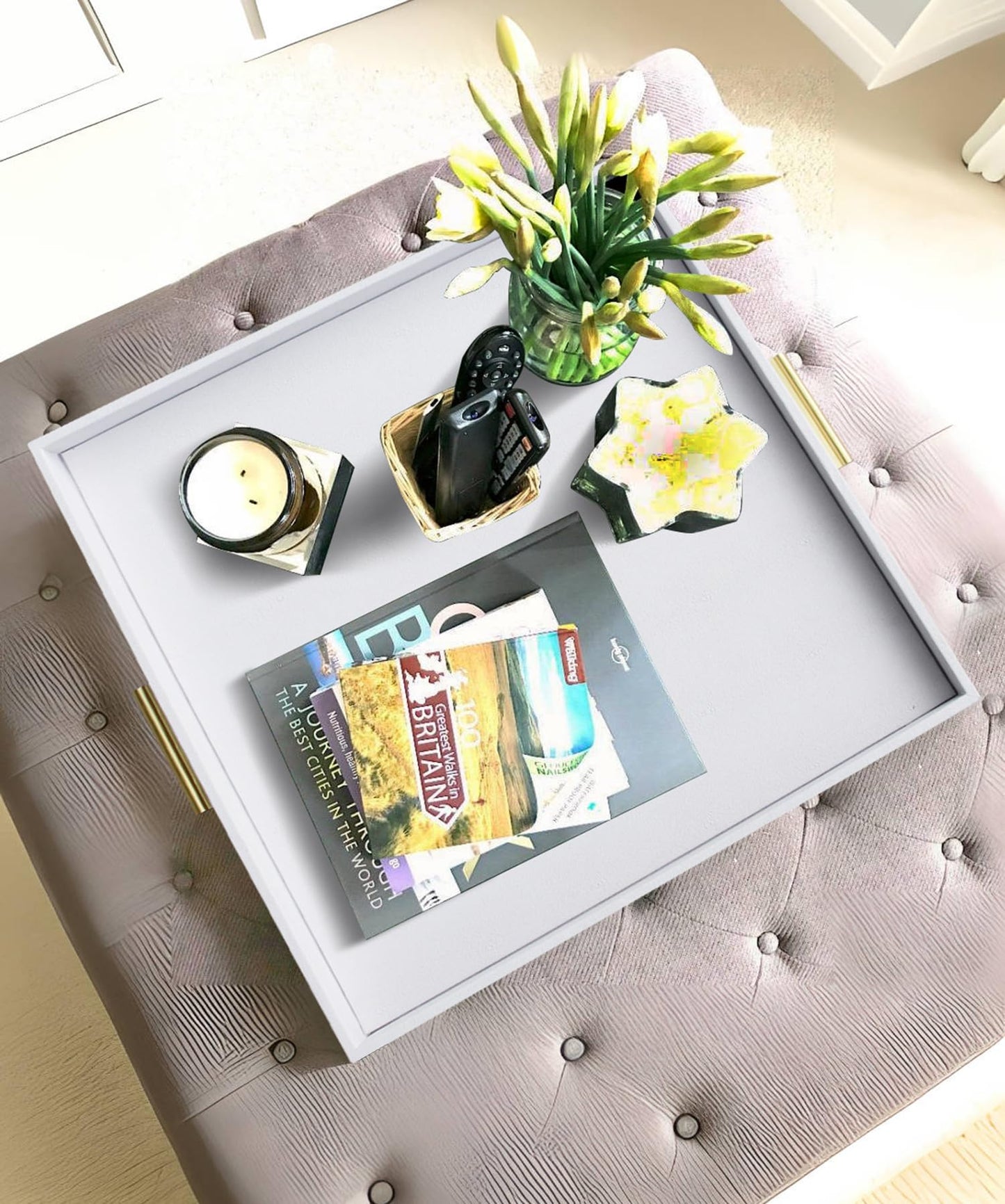 HofferRuffer Extra Large Square Serving Tray, Elegant Faux Leather Ottoman Tray with Gold Hardware Handles, Serve Tea, Coffee or Breakfast in Bed, 24 x 24 inches (White Shagreen)