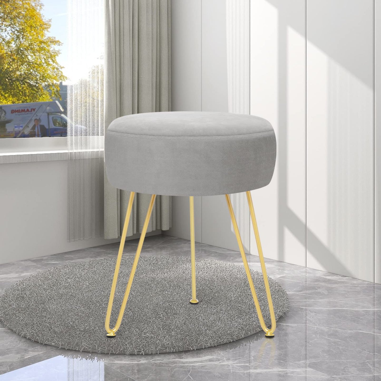 YOONIC Velvet Soft Modern Vanity Stool -Round Footrest Stool Ottoman Side Table Seat Dressing with Golden Metal Leg and Sponge Filling,Upholstered Foot Rest, for Living Room and Bedroom (Gray)