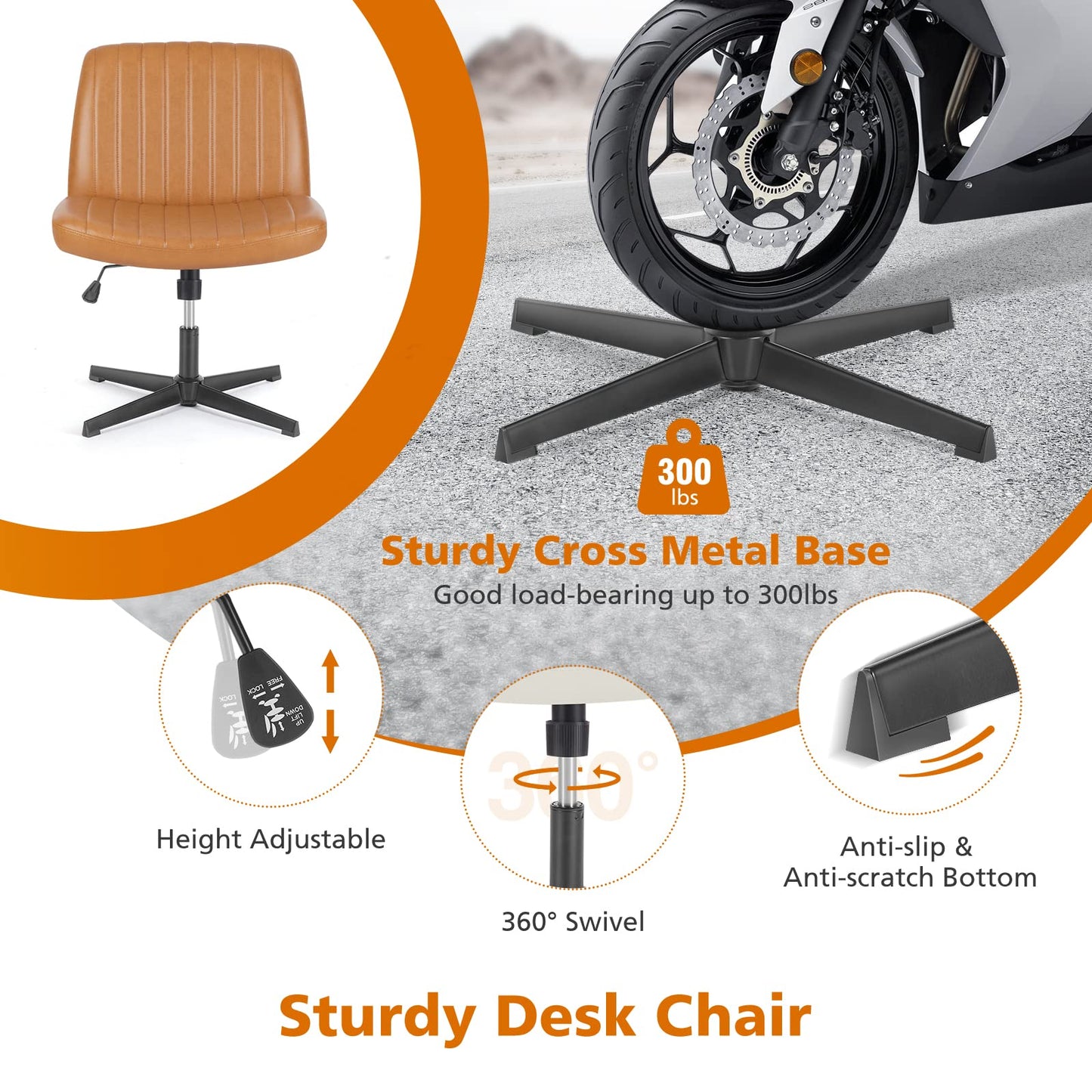 Sweetcrispy Criss Cross Chair Legged, Armless Office Swivel Desk Chair No Wheels, Vanity Height Adjustable Wide Seat Faux Leather Computer Task Seating for Home Bedroom