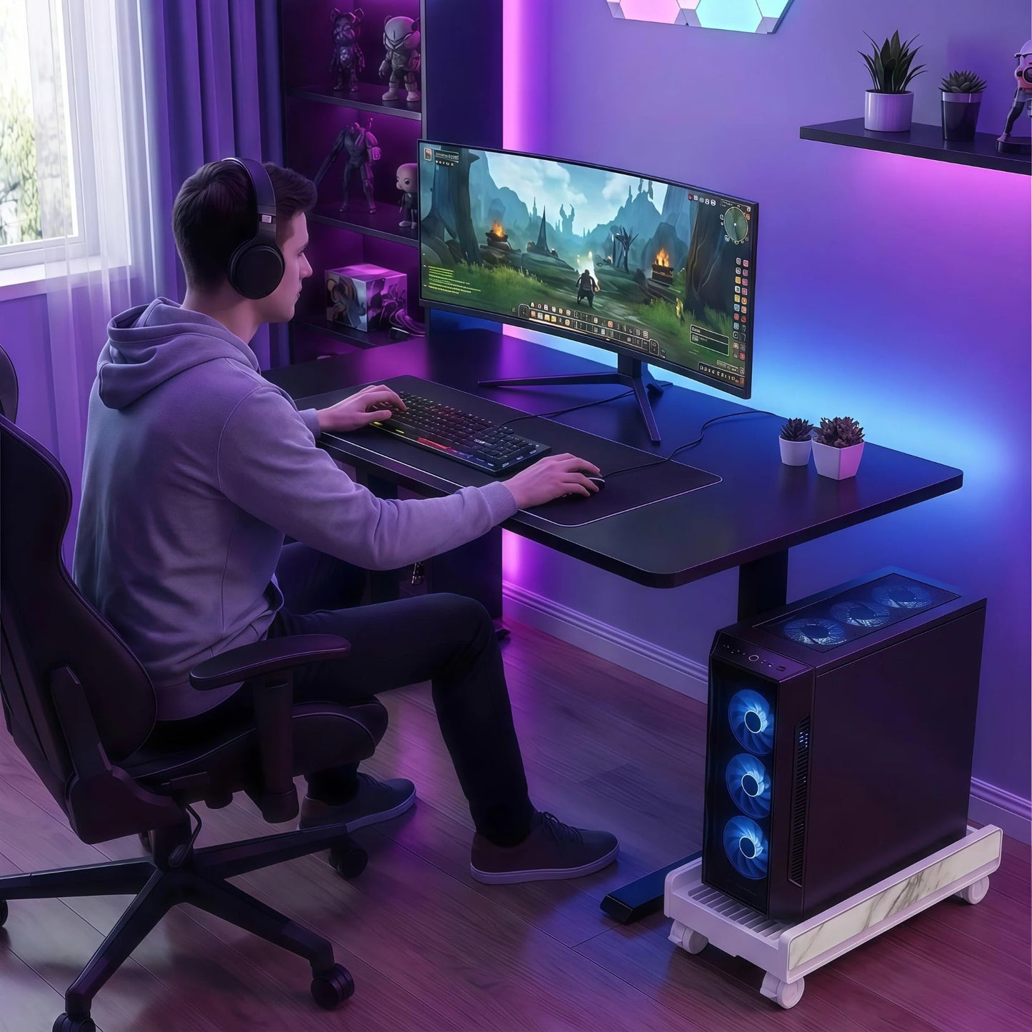 Adjustable Mobile Computer Tower Stand, Ventilated CPU Stand with Locking Caster Wheels, Fits Most Computer Towers, Under Desk Floor PC Cart, Universal PC Holder for Office, Students & Gamers (White)