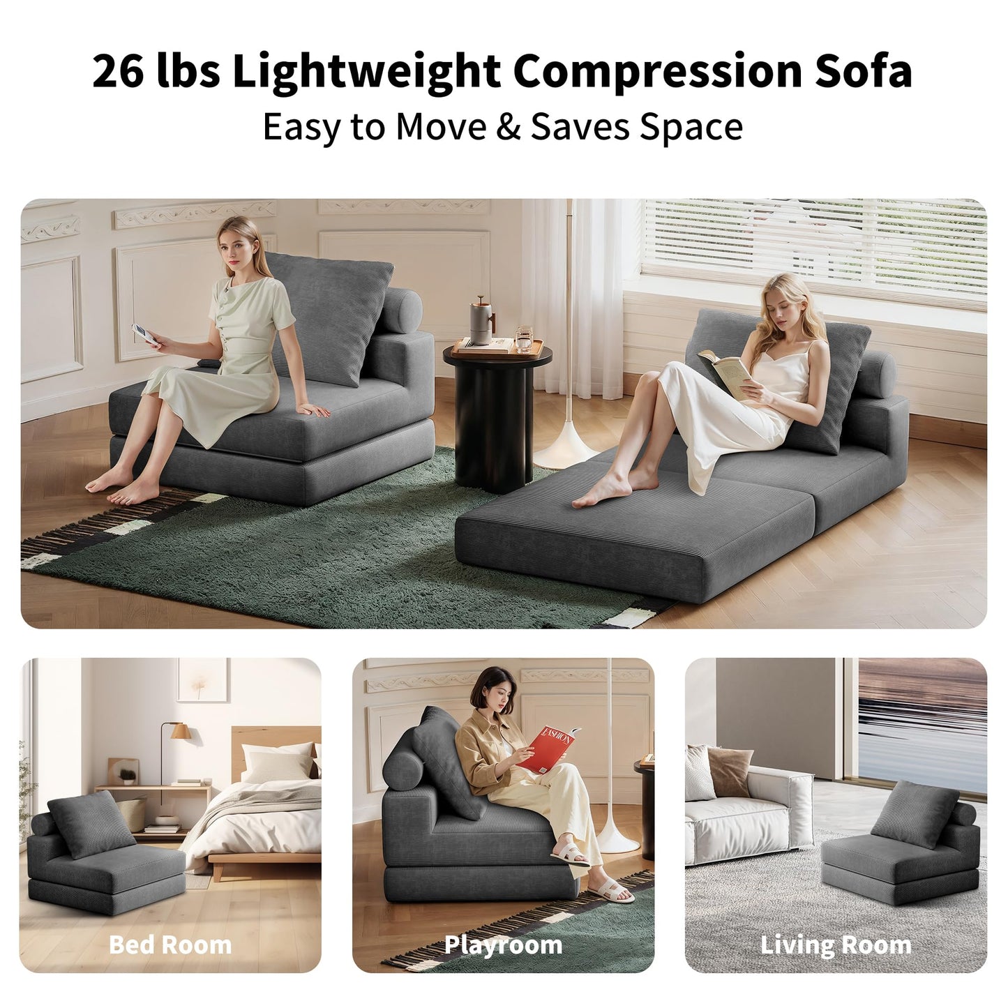 Lumbershed Folding Sofa Bed, 3-in-1 Convertible Sleeper Chair Bed with Pillows, Foldable Floor Couch with High-Density Foam, Futon Small Boneless Couch for Living Room Bedroom Lounge, Single, Gray