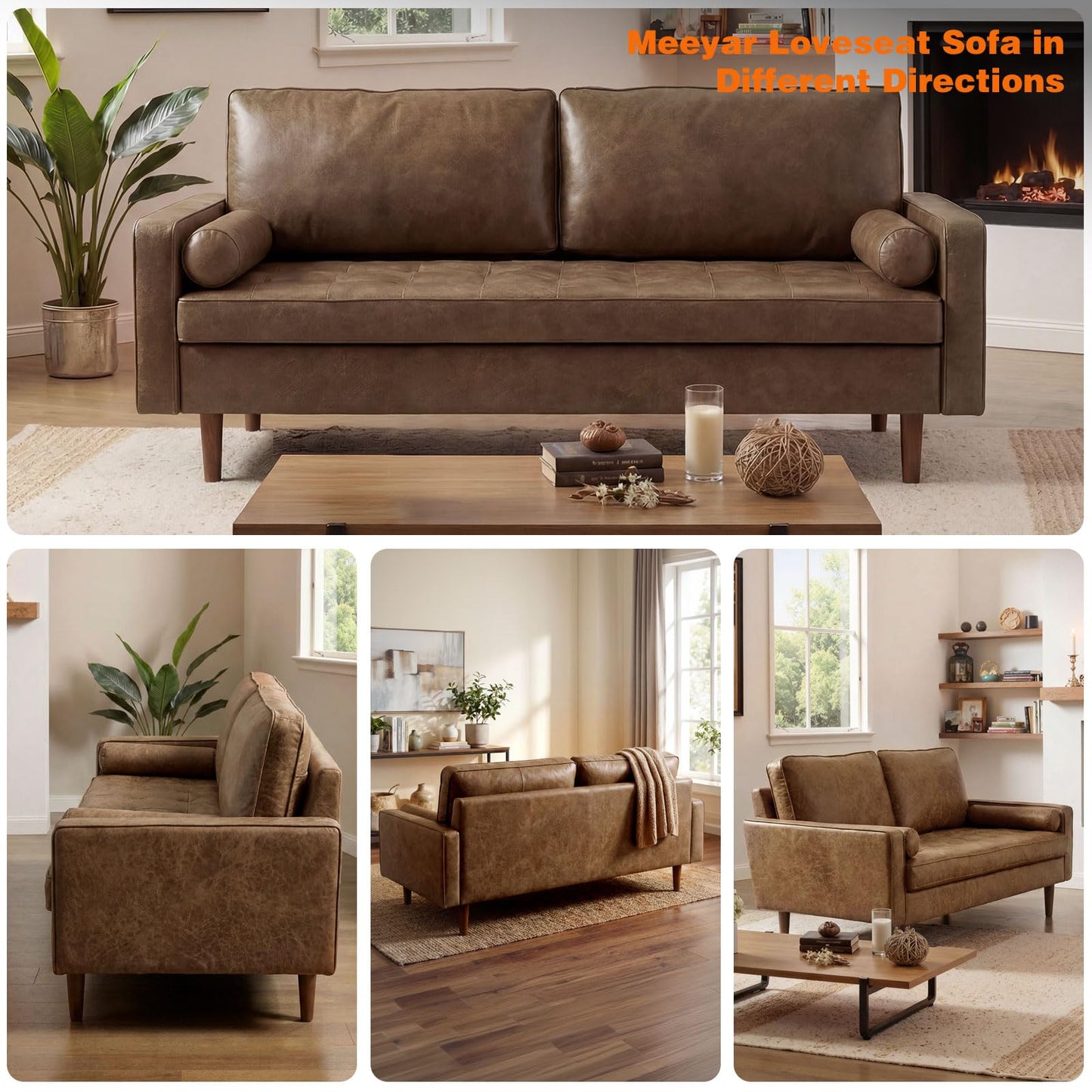 Meeyar 70" Mid-Century Modern Sofa Couch – Faux Leather Loveseat Sofa with Deep Seat & Solid Wood Frame – Includes 2 Accent Pillows –Dark Brown Living Room Bedroom Office