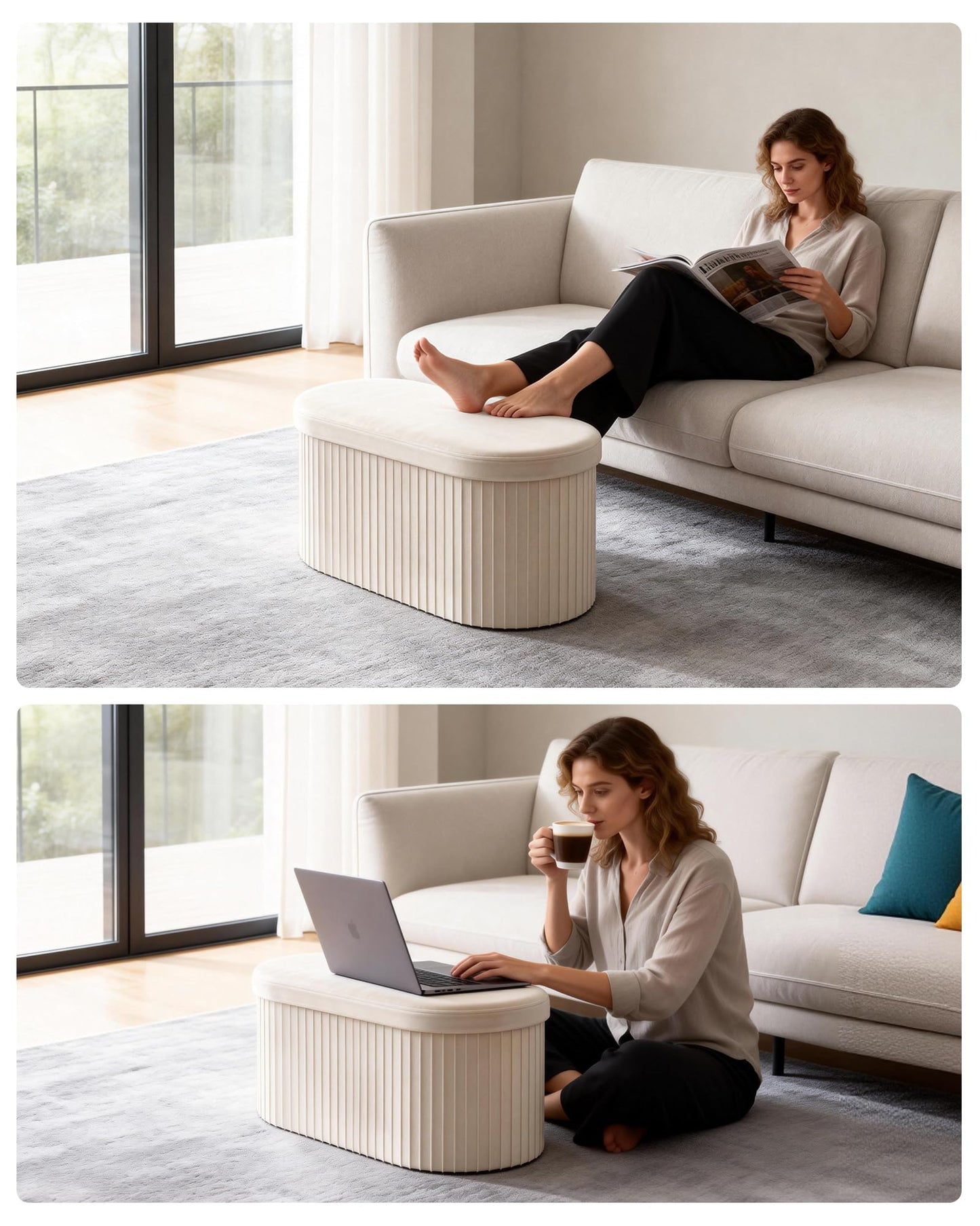 GLAXYFUR Oval Folding Storage Ottoman, Velvet Upholstered Foot Rest, 30 x 15 x 15 Inches Storage Bench for Bedroom, Living Room & Entryway, Beige