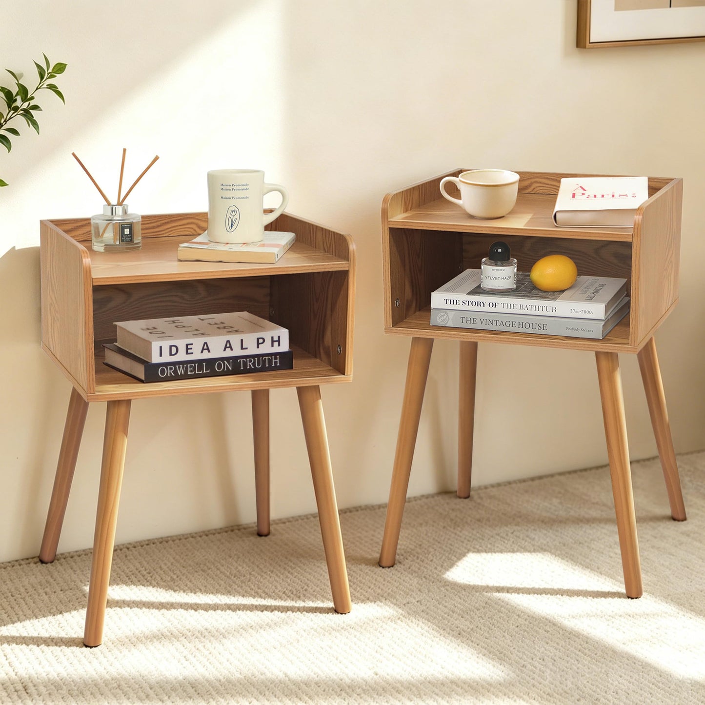 MaxSmeo Nightstands Set of 2, Mid Century Modern Side Table Bedroom with Storage, Small End Bedside Table Set of 2 with Solid Wood Legs for Living Room, Office Small Spaces (Brown)
