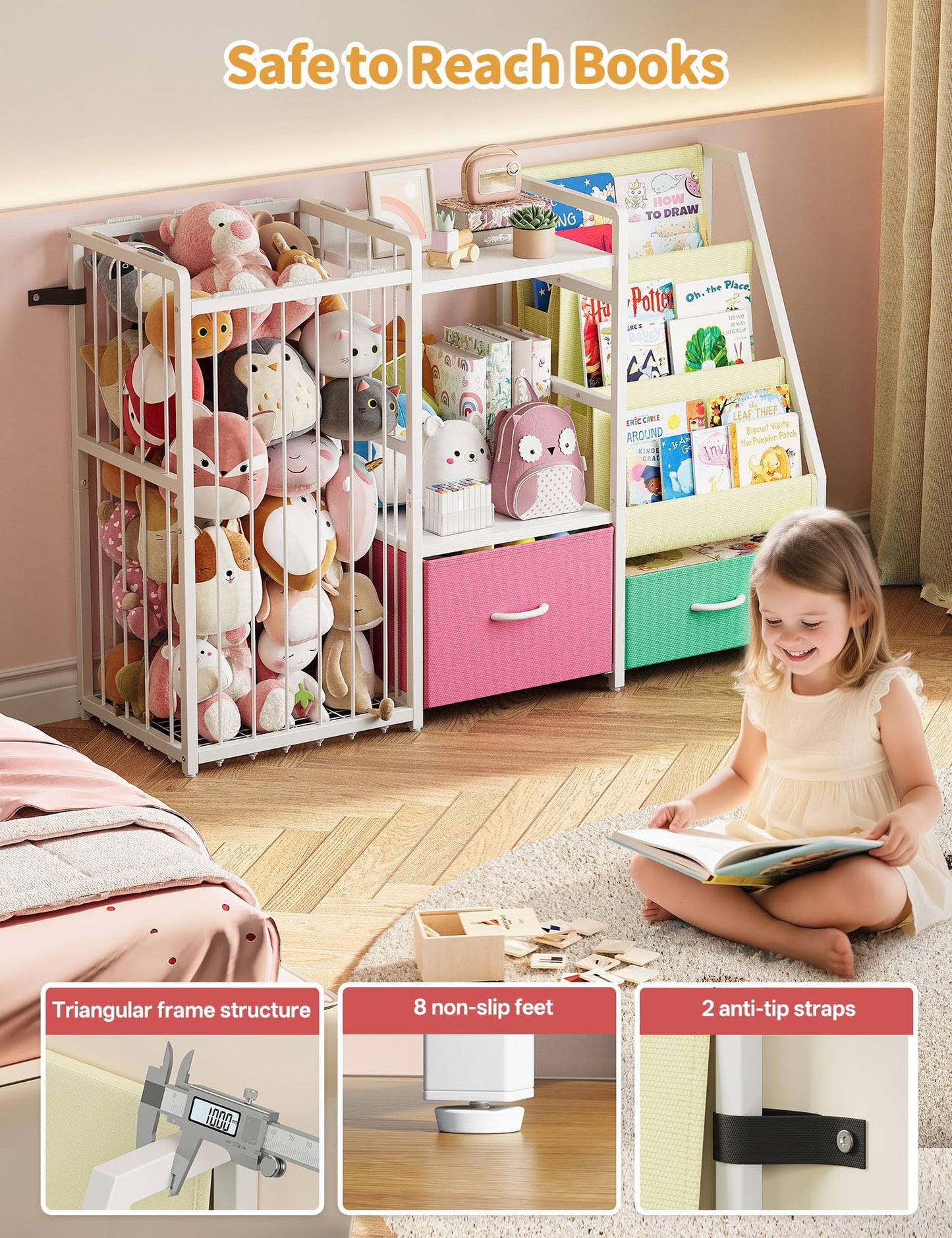 Twinkoo Kids Bookshelf and Toy Storage, Large 3 Tier Book Shelf for Kids Rooms, Sling Baby Bookcase with Stuffed Animal Storage, Toddler Montessori Bookshelf (Pink&Green, 3 Column)