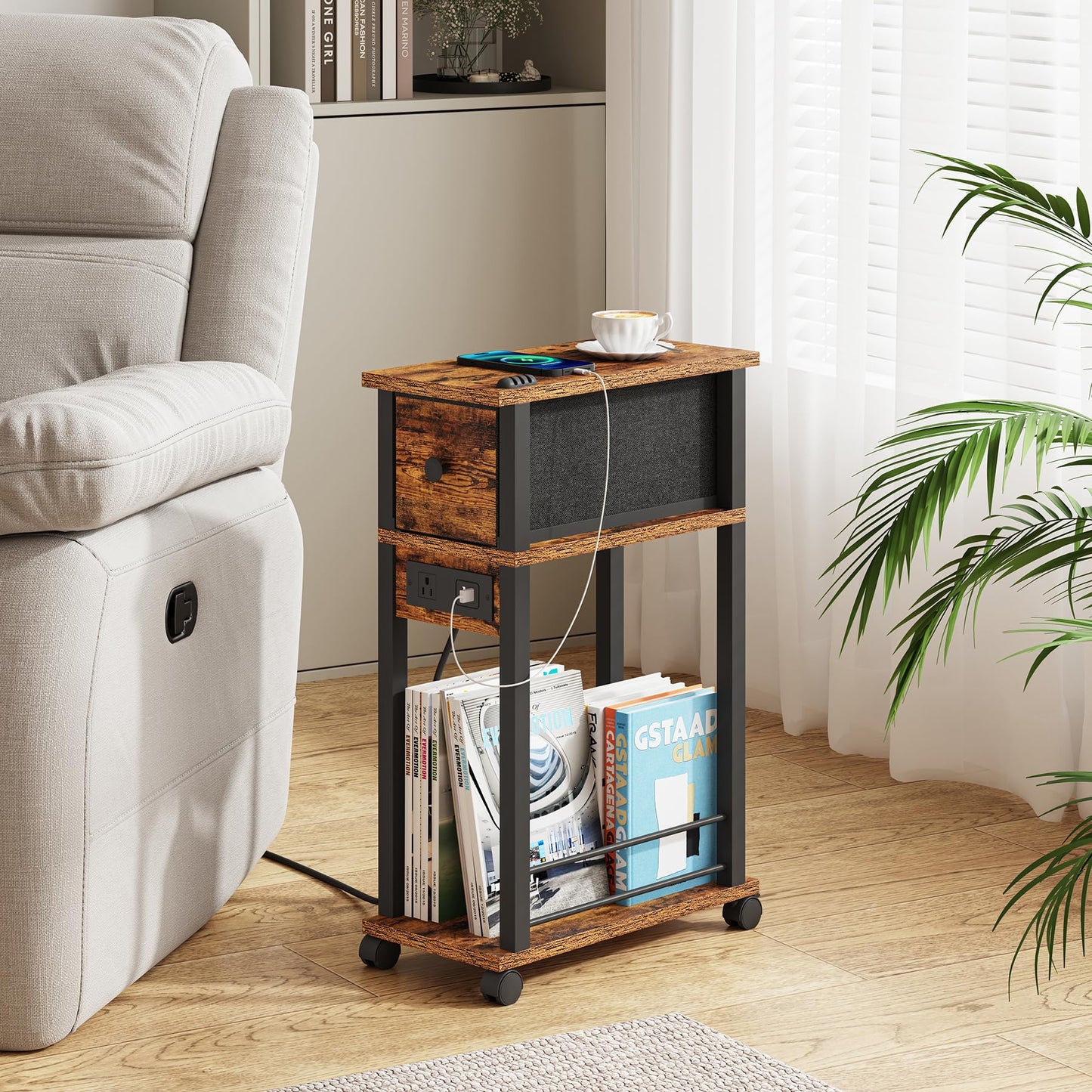 DGSANDGO Sofa Side Table Narrow End Table (1PC) - Rustic Brown & Black Two-Tone, Side Table with Charging Station (1 AC + 2 USB) & Storage Drawer, 4 Wheels Mobile Nightstand for Bedroom Living Room