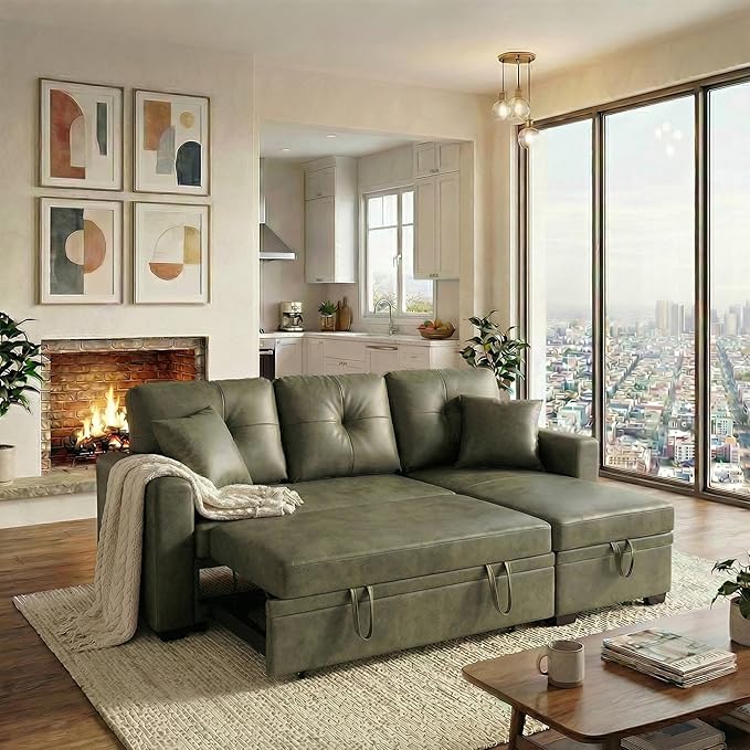 L Shaped Sectional Couch with Storage and Pull Out Bed, 3 Seater Sleeper Sofas