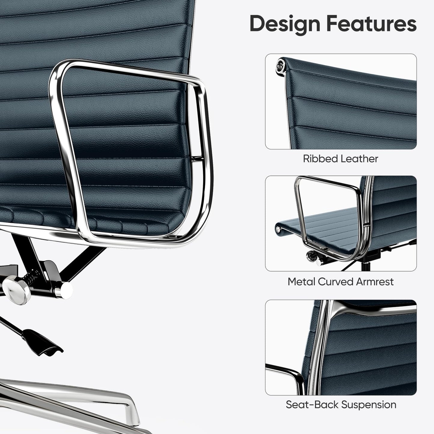 OTDMEL Ribbed Office Chair with Top Grain Leather - Mid Back Ergonomic Desk Chair with Aluminum Arms & Frame, Swivel Wheels & Tilt Function, Adjustable Height Dark Blue
