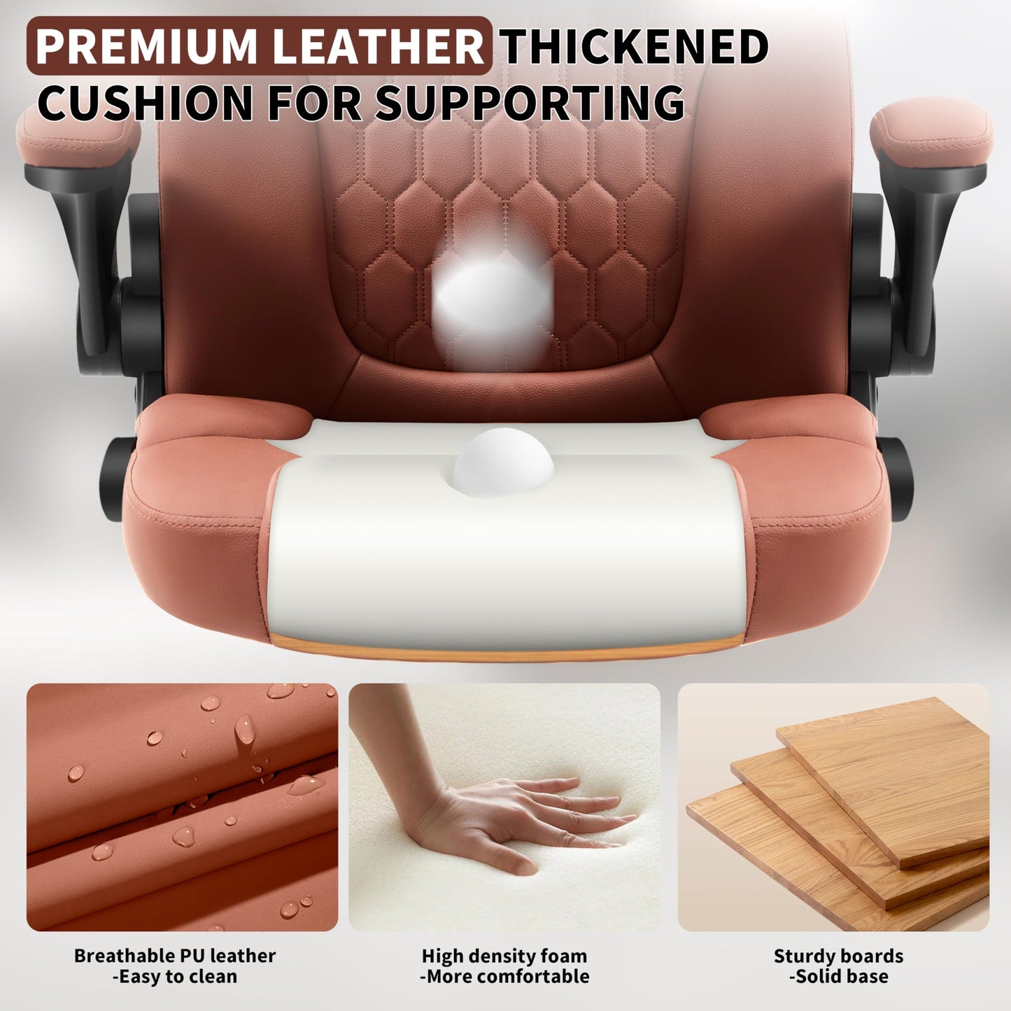 Nexthro Executive Office Chair PU,Leather Office Chair with Wheels,360° Swivel Rolling Chair with Padded Arms,Ergonomic Computer Chair with Lumbar Support for Short People Use(Brown)