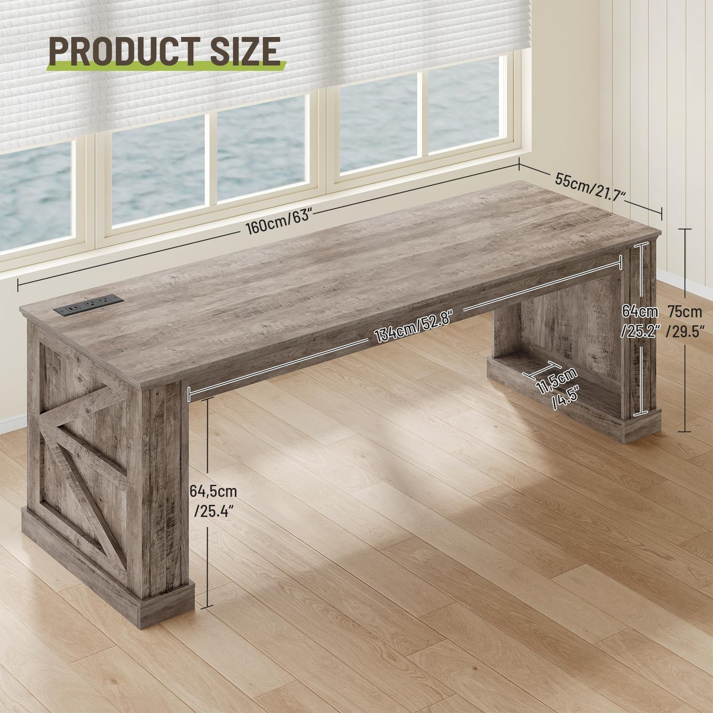 STHYTON 63-Inch Farmhouse Executive Desk, Long Computer Desk with Built-in Charging Station & Bottom Storage, Home Office Writing Study Desk for Bedroom, Living Room, Oak Gray