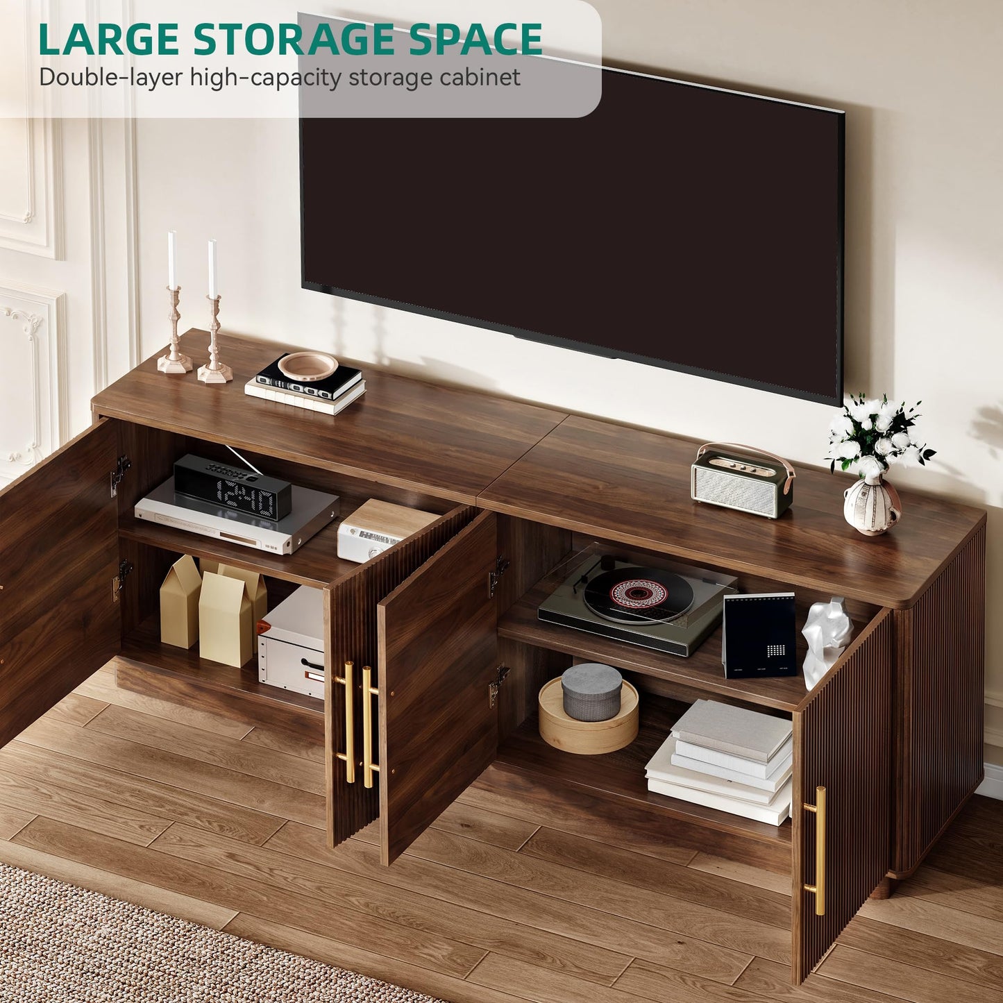YITAHOME TV Stand for TVs up to 80 Inches, Media Console with 4 Fluted Doors, 70" Entertainment Center with Ample Storage for Living Room(Natural Oak)