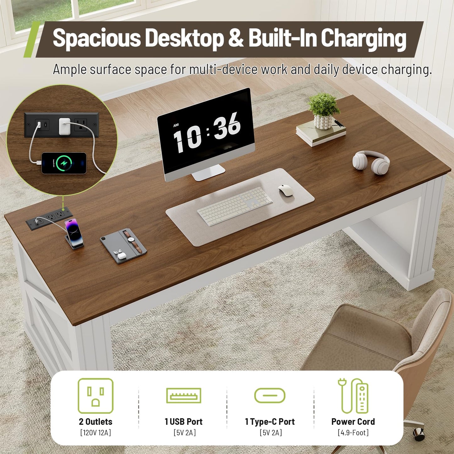 STHYTON 63-Inch Farmhouse Executive Desk, Long Computer Desk with Built-in Charging Station & Bottom Storage, Home Office Writing Study Desk for Bedroom, Living Room, White and Walnut