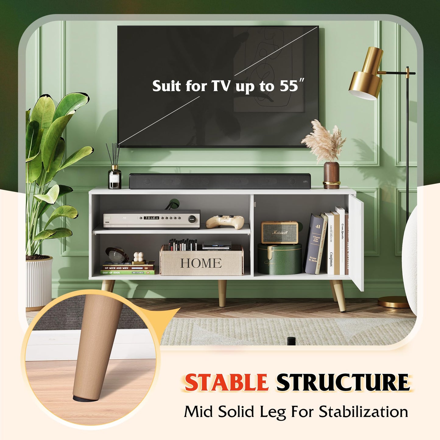 WLIVE TV Stand for 55 Inch TVs, Entertainment Center with Storage Cabinet, Mid-Century TV Stands for Living Room and Bedroom, 50" TV Console, White