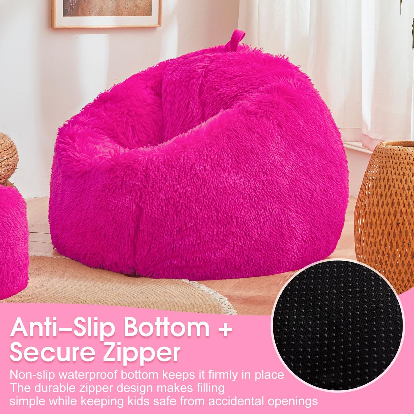 Hot Pink fluffy bean bag chair covers (No Filler), comfy Plush Hot Pink bean bag chair Cover for bedroom, stuffed animal Storage, kids adults teens girls bean bag chairs, Anti-Slip