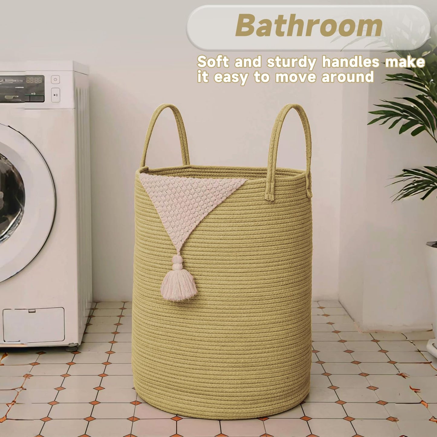 JMvicyroam Large Woven Laundry Basket Hamper,60L Cotton Rope Storage Bin for Blankets,Toys and Clothes,Decorative Tall Nursery Hamper for Living Room,Baby Nursery,Bathroom and Bedroom,Jute