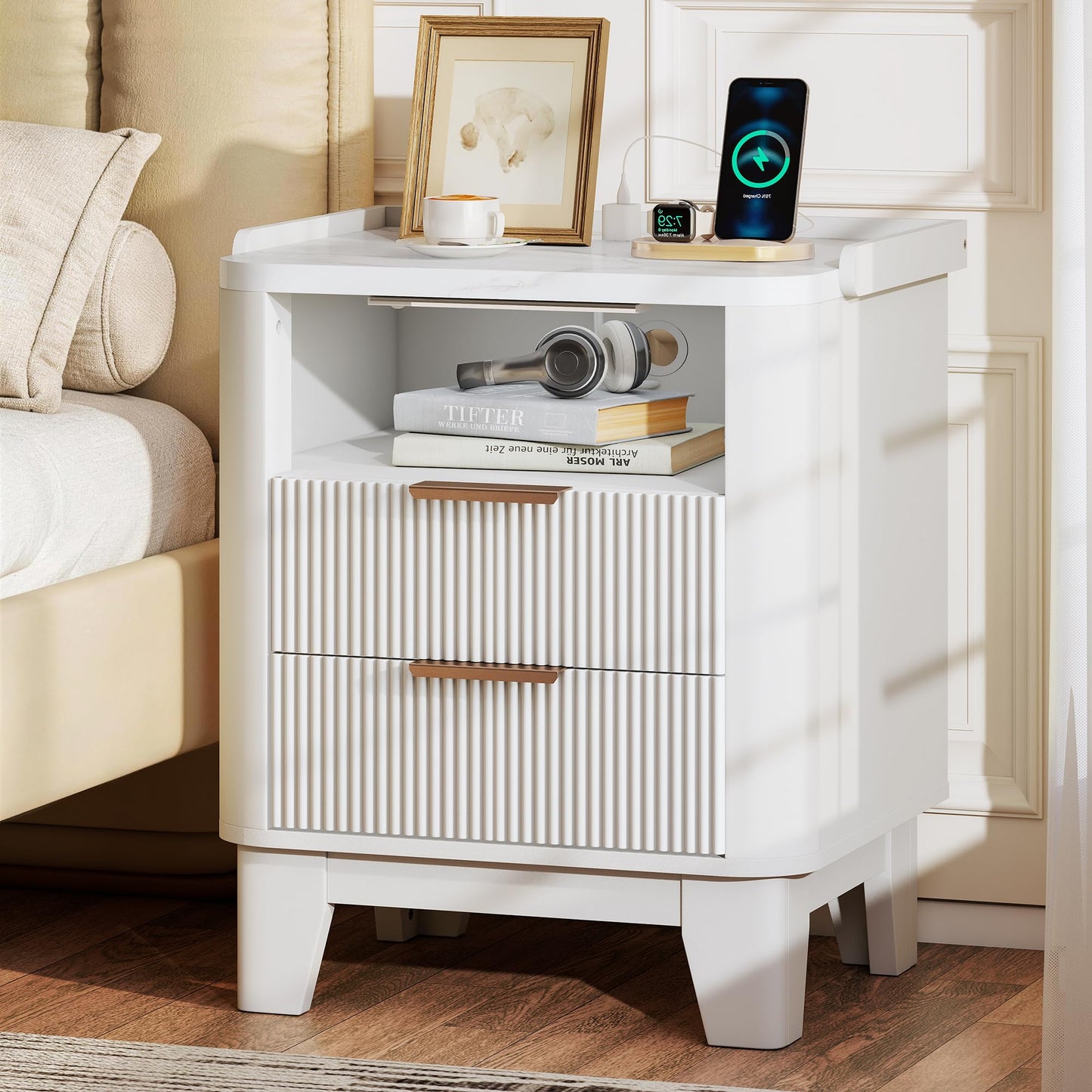 Baoz White Fluted Nightstand with Charging Station & 2 Drawers for Bedroom