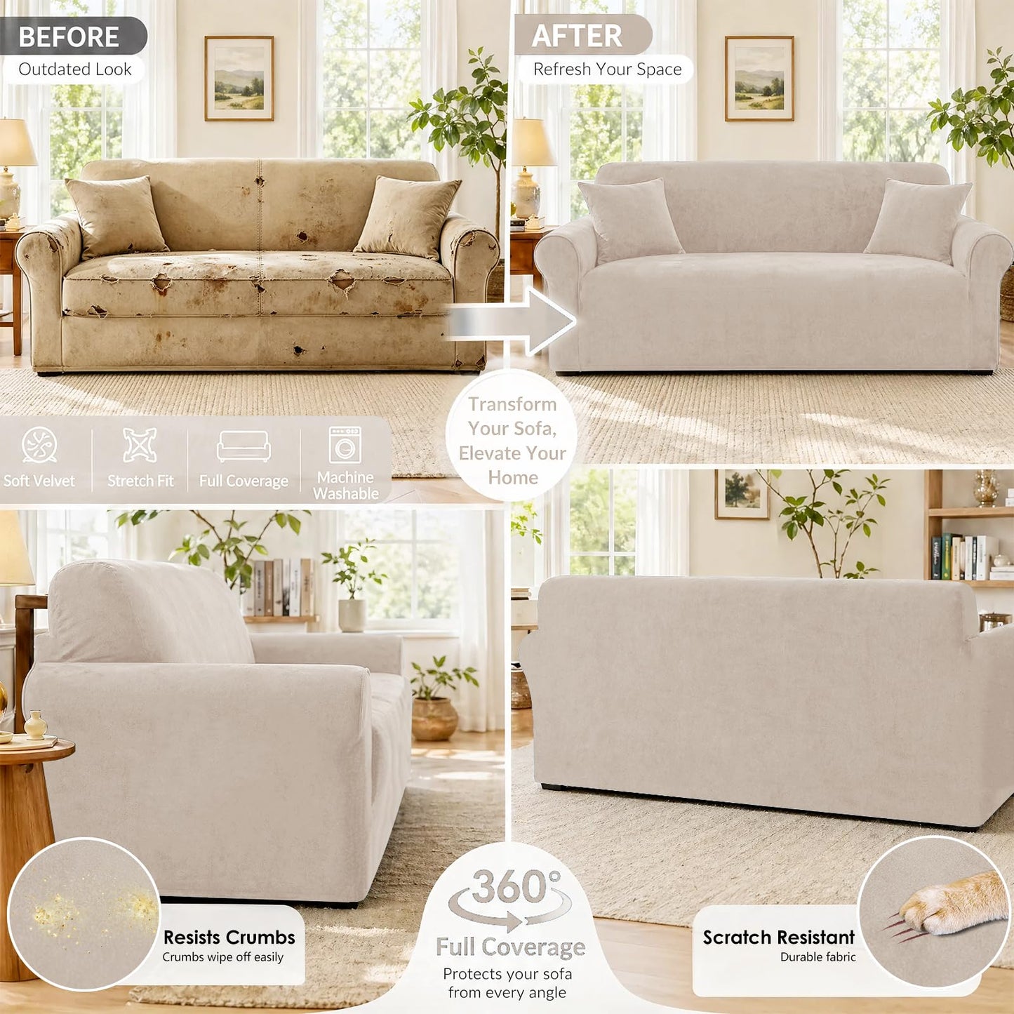 YEMYHOM Real Velvet Couch Covers for 2 Cushion Couch High Stretch 1 Piece Loveseat Slipcover for Pets Dogs Anti Slip Love Seat Sofa Slipcover Furniture Protector (55"-69", Khaki)
