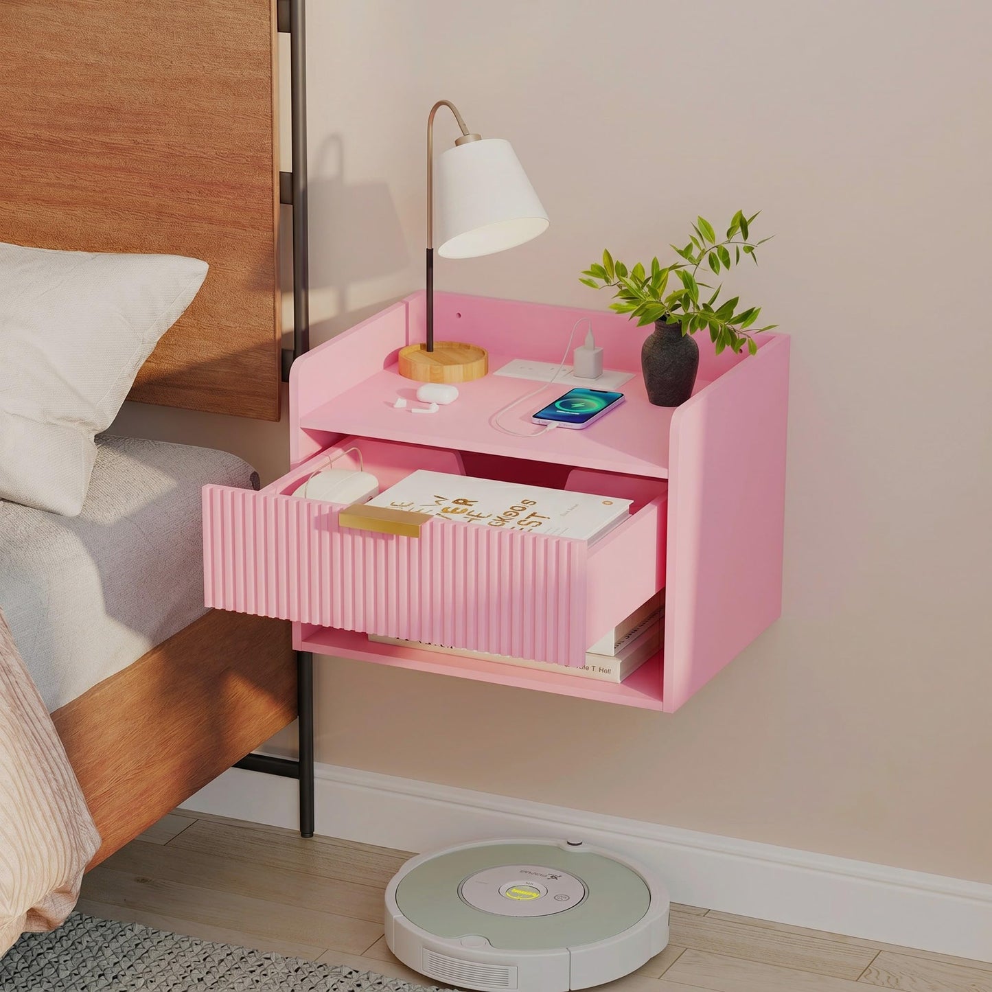 Arbuxzuy Floating Nightstand Set of 2 with Charging Station, Modern Wall Mounted Bedside Table with Drawer & Open Shelf