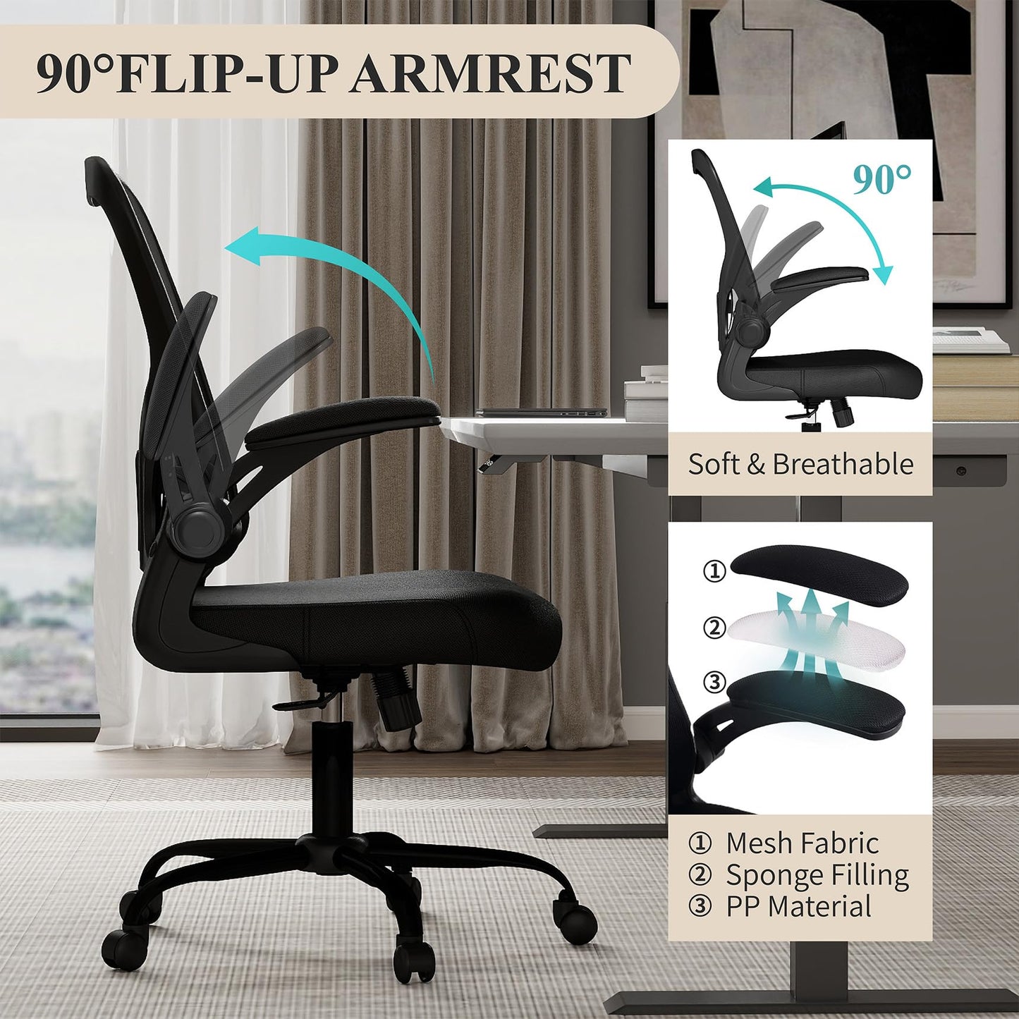 Flysky Mesh Office Chair, Ergonomic Computer Desk Chairs for Home Office - with Comfy/Comfortable Flip-up Arm Rests, Lumbar Support, Height Adjustable, 360 Degree Rolling Swivel (Black)