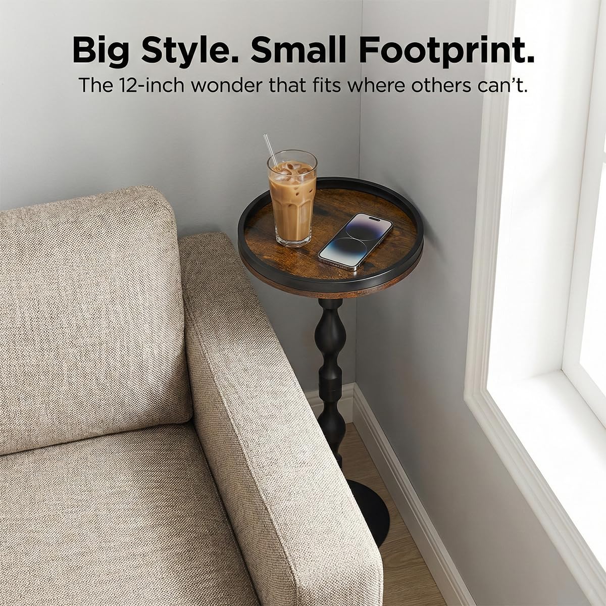 ZEXVIDA Small Round Side Table,Drink Table with Weighted Base,Industrial Metal & Wood Pedestal End Table with Tray Top, Martini Table for Small Spaces, Living Room,Bedroom,27" H